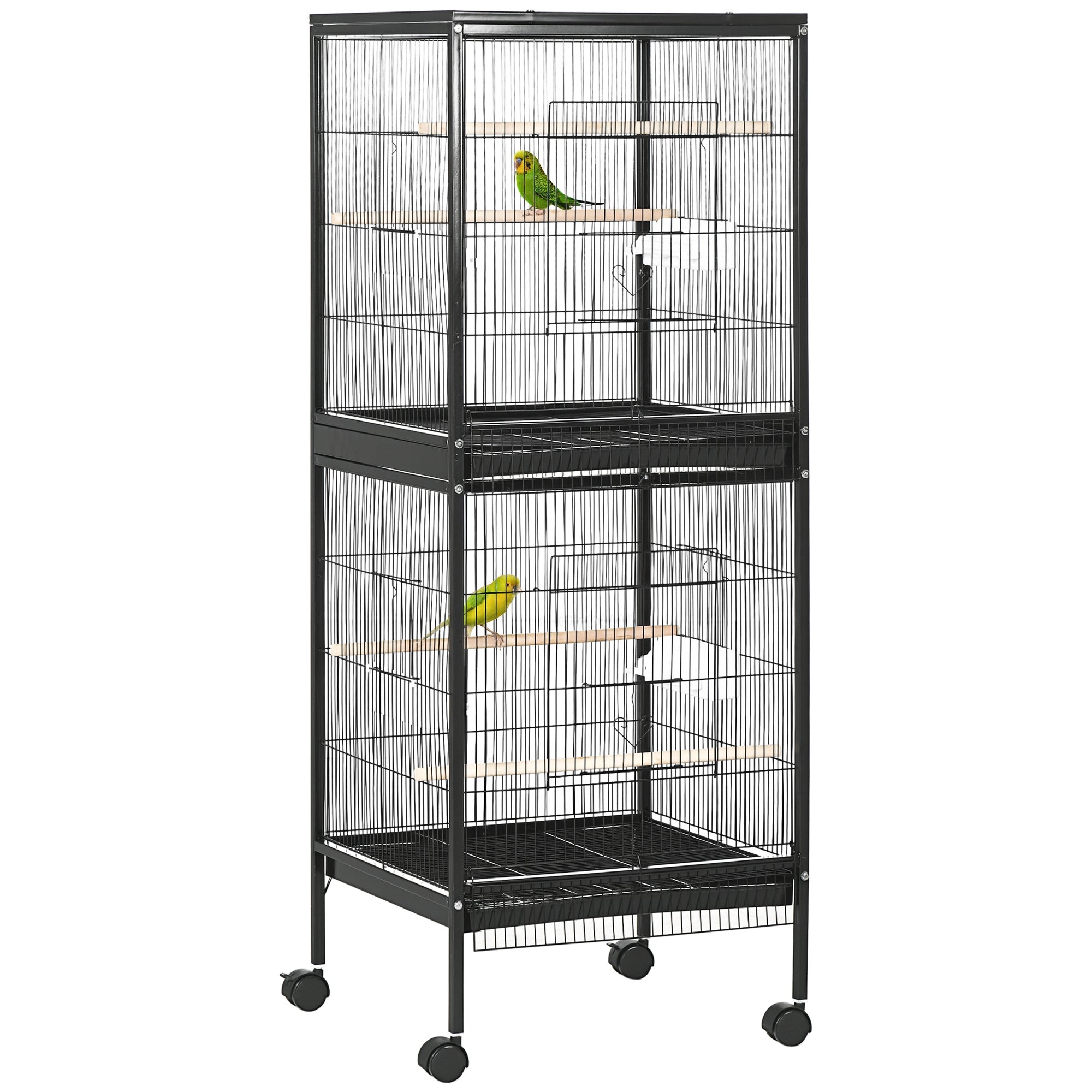55.1" 2 In 1 Bird Cage Aviary Parakeet House for finches, budgies with Wheels, Slide-out Trays, Wood Perch, Food Containers, Black
