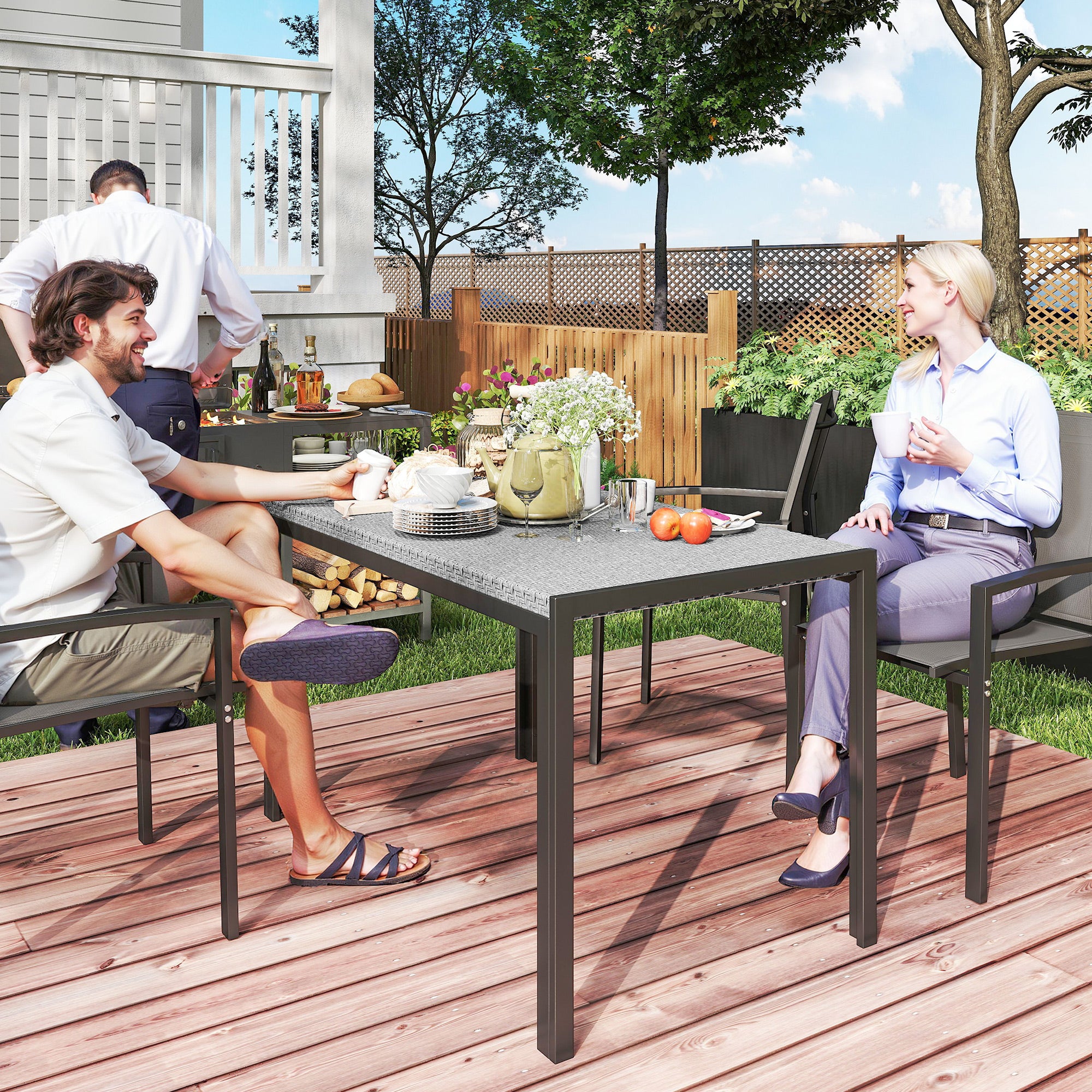 Rectangular Outdoor Dining Table, 4-Seat Patio Table with PE Rattan Wicker Tabletop for Backyard and Lawn, Grey