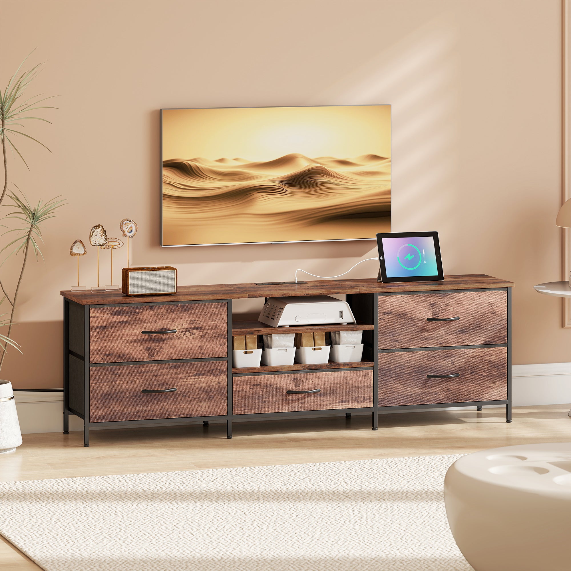 TV Stand for TVs up to 70 Inch, Industrial TV Console with Charging Station, 5 Drawers and Open Shelves, Rustic Brown