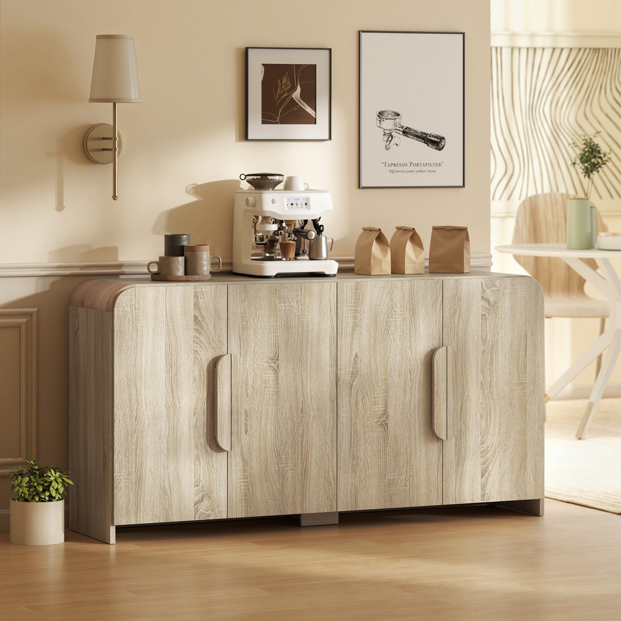Sideboard Buffet Cabinet, 62" Modern Kitchen Storage Cabinet with Soft-Close Doors and Adjustable Shelves, Natural Wood