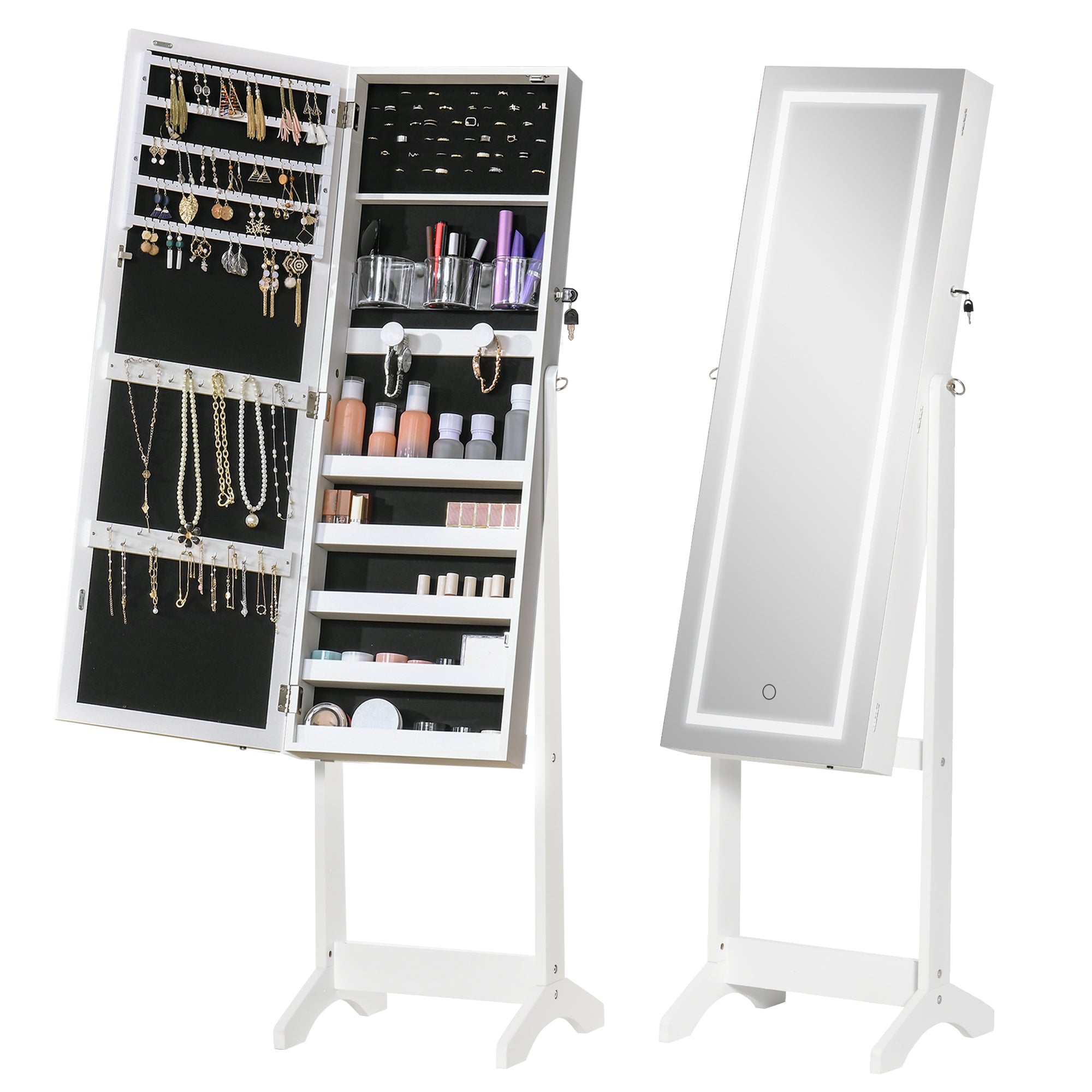 Lockable Jewelry Armoire with LED Light, Standing Mirror with Storage for Bedroom Dressing Room, White