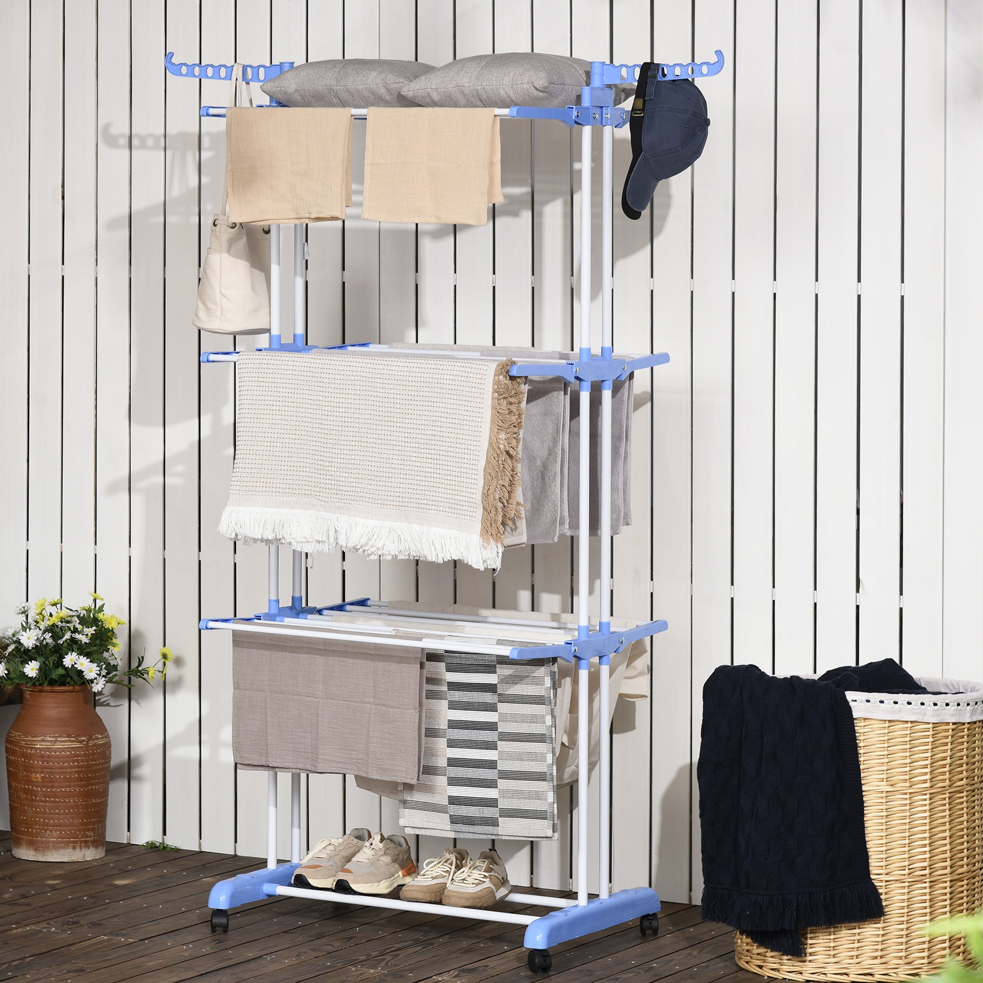 Foldable Clothes Drying Rack, 4-Tier Steel Laundry Rack for Drying Clothes with 2 Side Wings and 4 Castors, Indoor and Outdoor Use, Blue