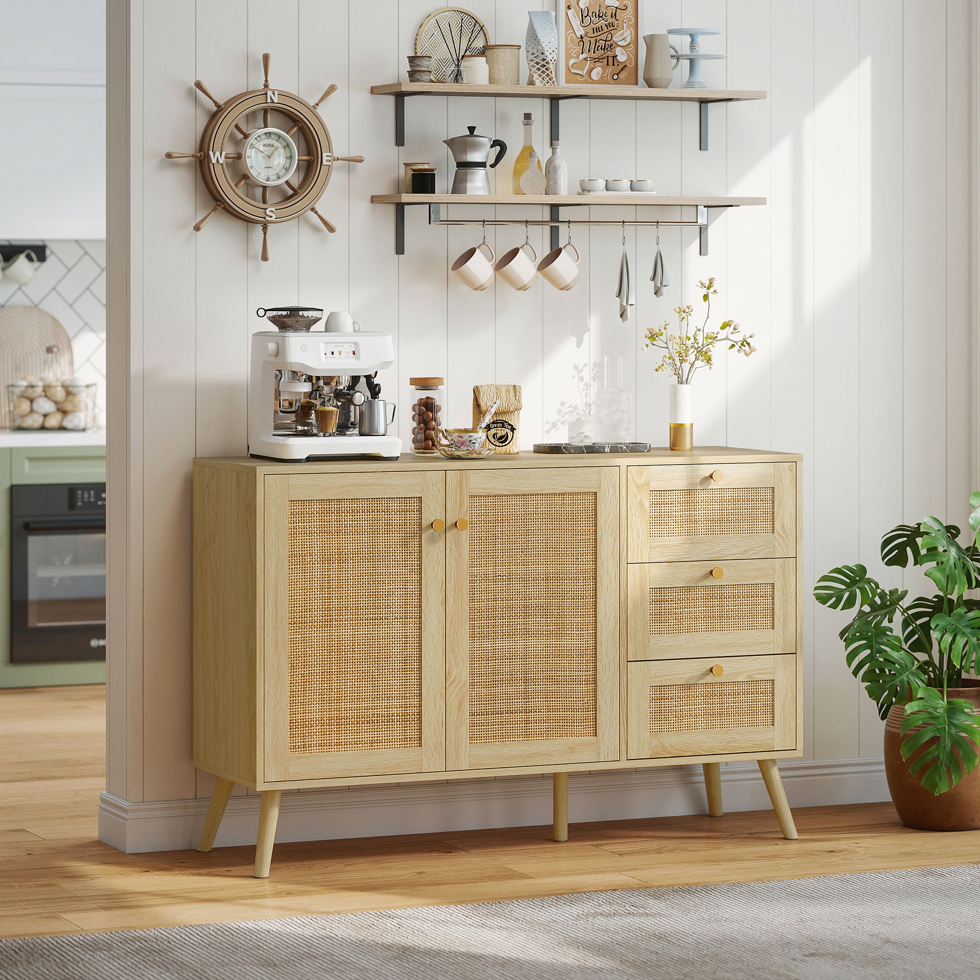 47" Buffet Cabinet with Soft-Close Doors, Rattan Sideboard with Drawers, Adjustable Shelf and Wooden Legs, Natural