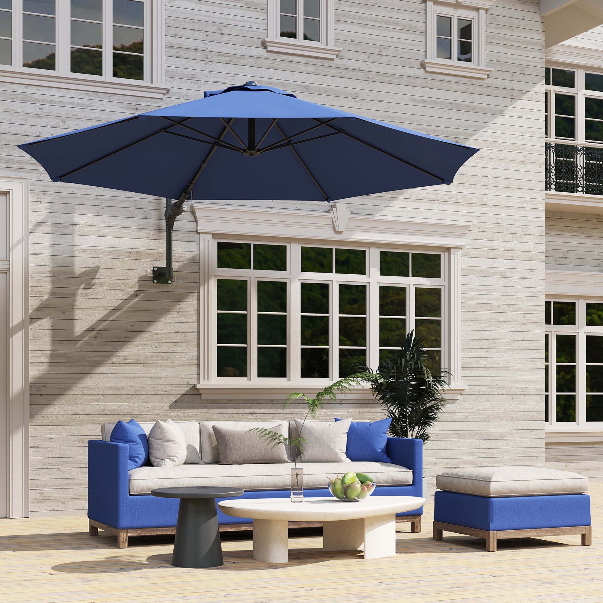 9.6 x 9.6 ft Wall Mounted Umbrella with Rotate, Patio Market Umbrella Parasol for Outdoor with Crank, Dark Blue