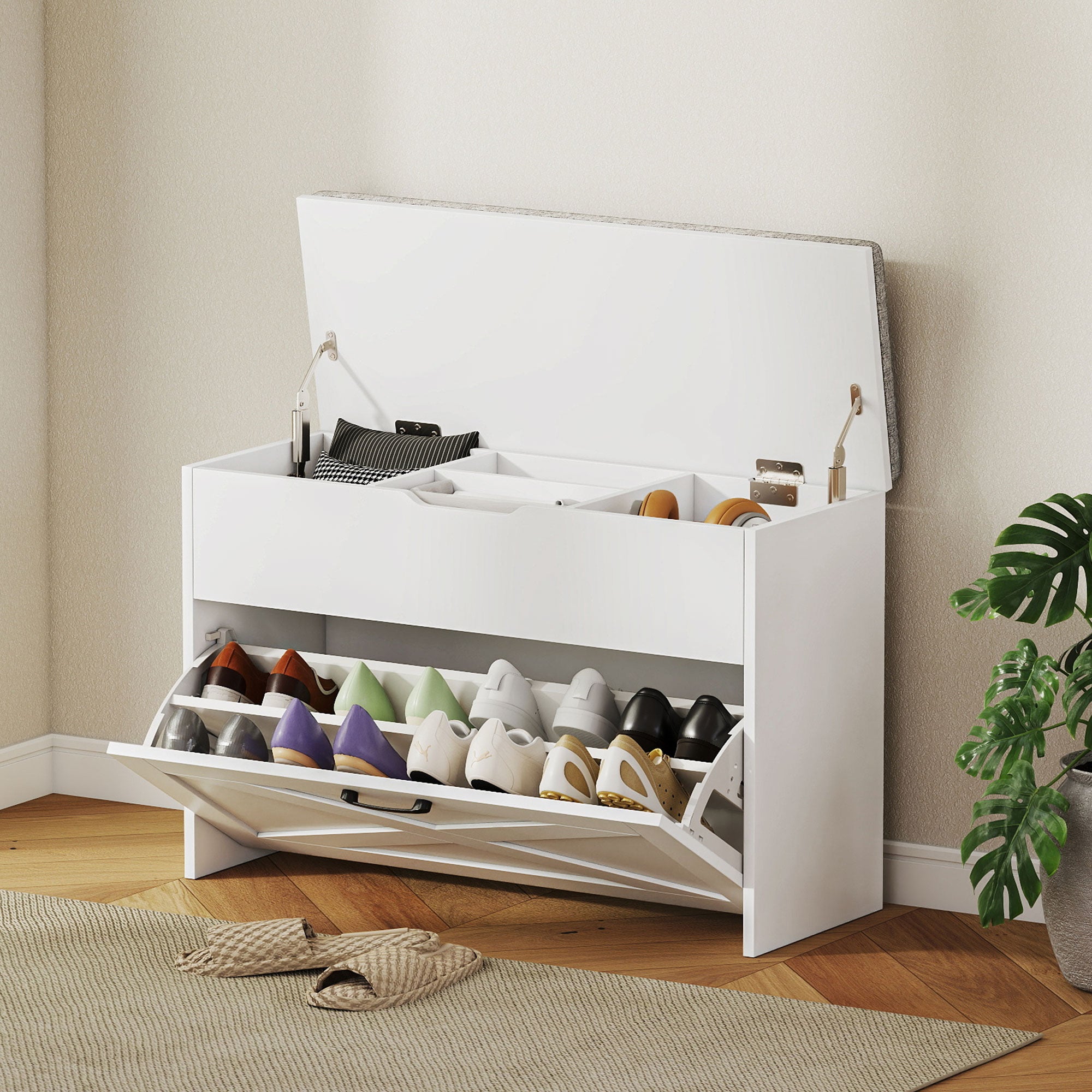 Shoe Storage Bench with Flip Drawer and Lift Top Storage, Entryway Bench with Seat Cushion for Hallway, White