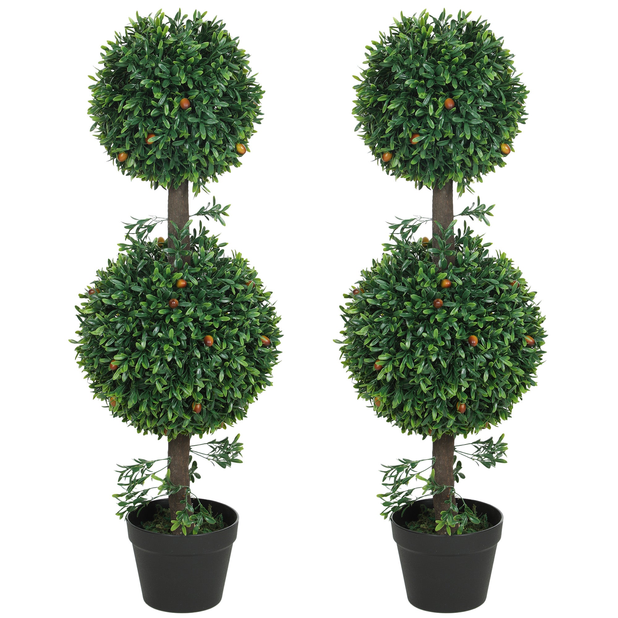 3FT Artificial Boxwood Topiary Tree Set of 2, Faux Two Ball Topiary Tree in Pot for Indoor Outdoor Decor, Green
