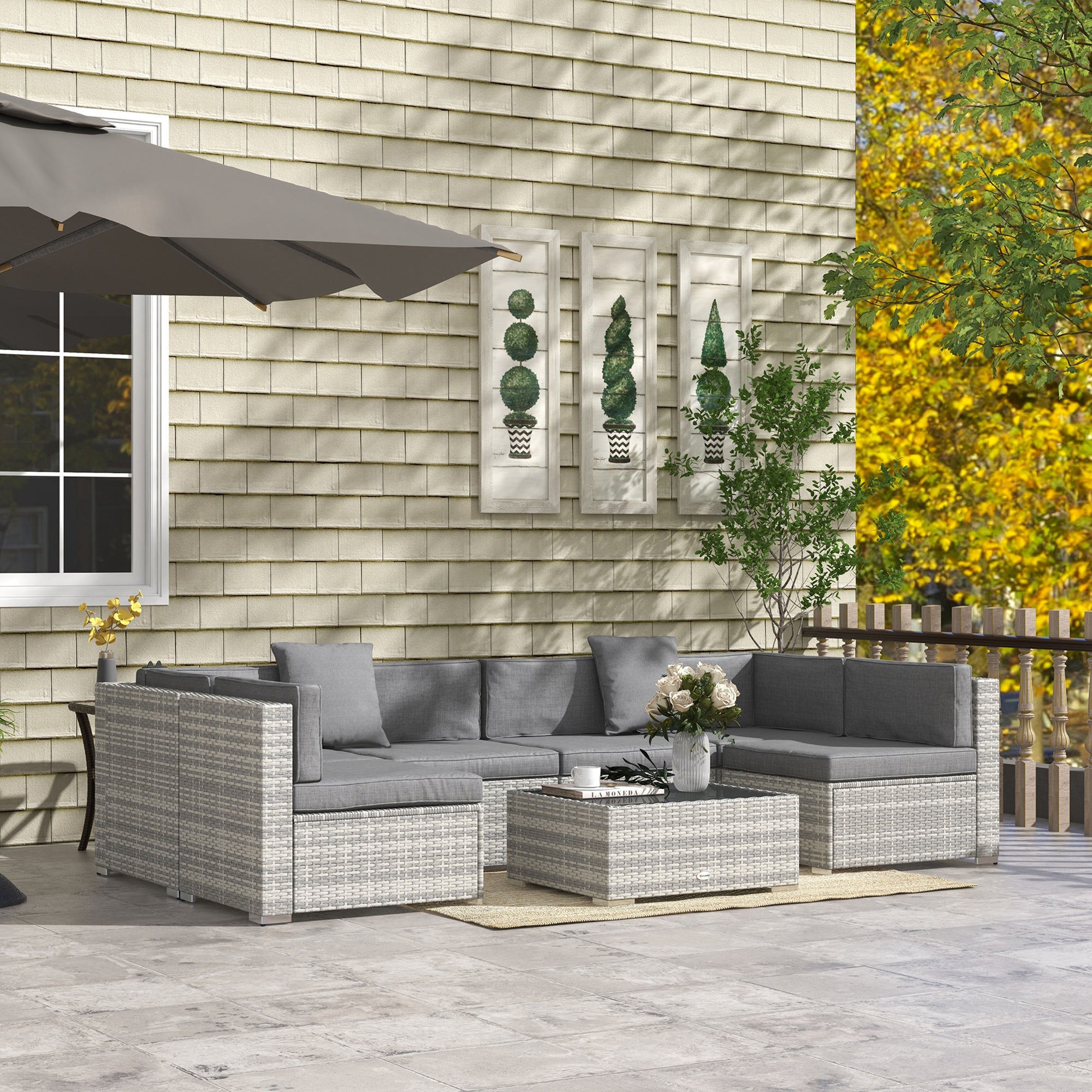 7pc Patio Wicker Set w/ Tea Table Wicker Sectional Sofa Set Grey