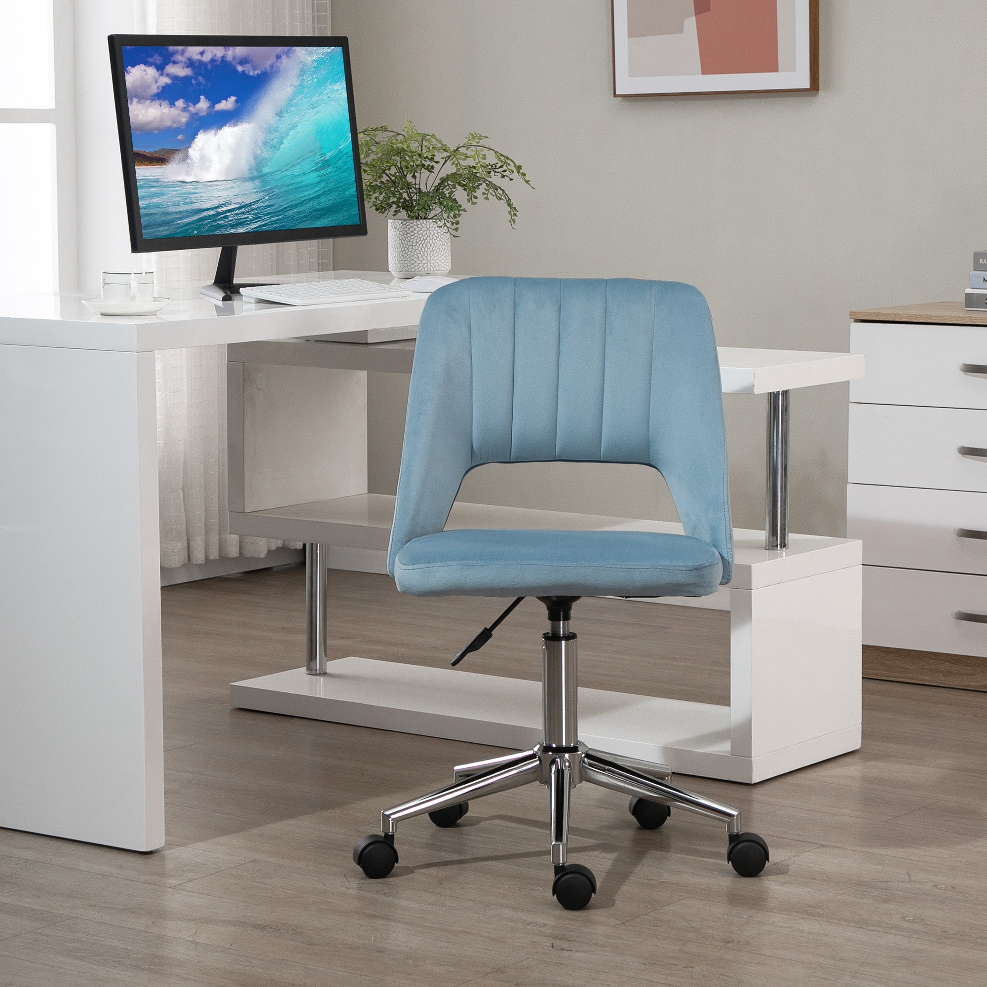 Mid Back Office Chair Velvet Fabric Swivel Scallop Shape Computer Desk Chair, Sky Blue