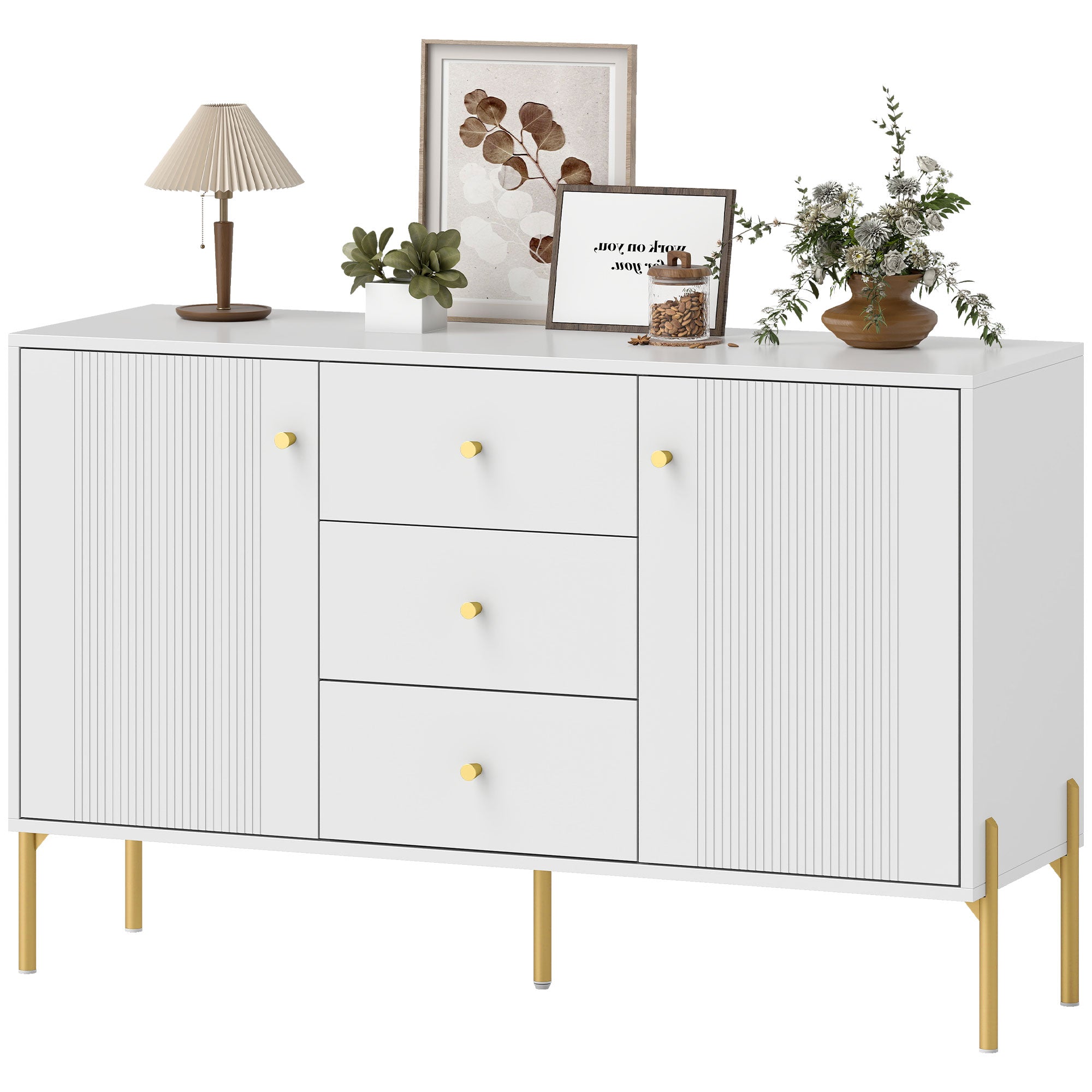 Buffet Cabinet, Modern Sideboard with 3 Soft-Close Drawers and 2 Adjustable Shelves for Living Room, Kitchen, White