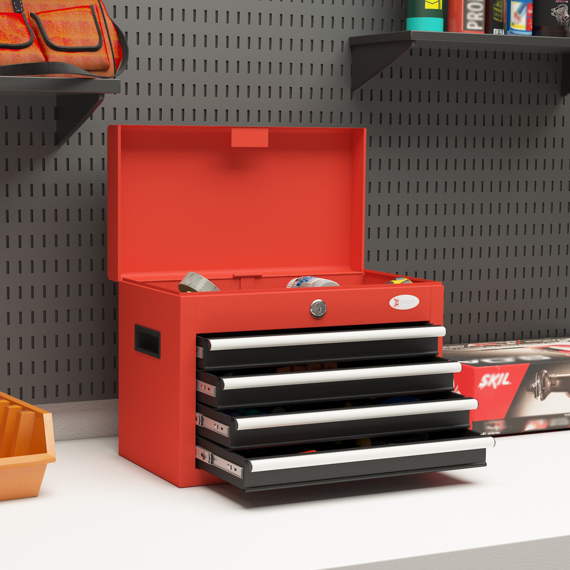 Portable Tool Chest with 4 Drawers and Top Storage, Lockable Steel Tool Box with Latch and Keys for Garage, Red