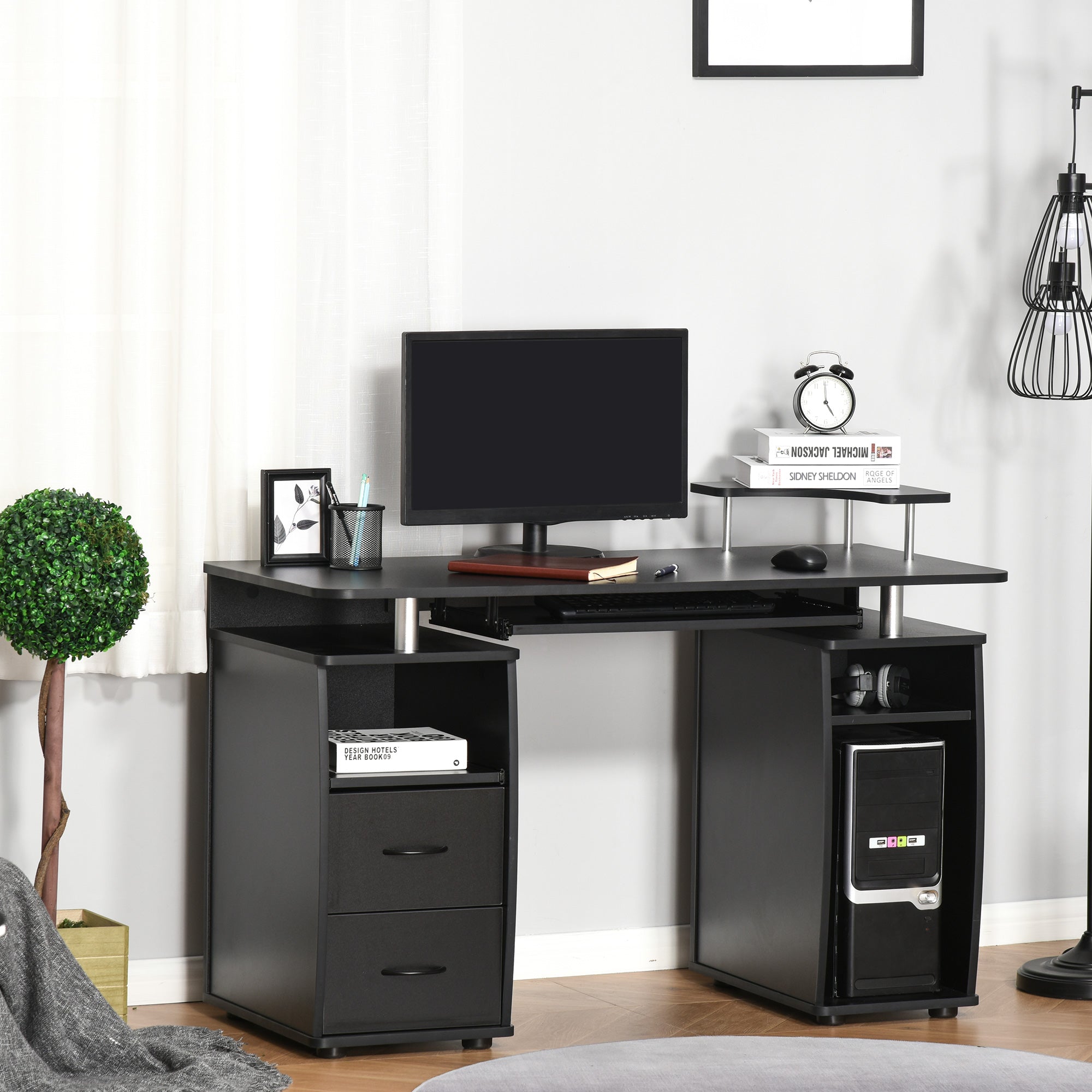 Computer Desk with Keyboard Tray, CPU Stand, Writing Desk with Drawers, Workstation for Home Office, Black