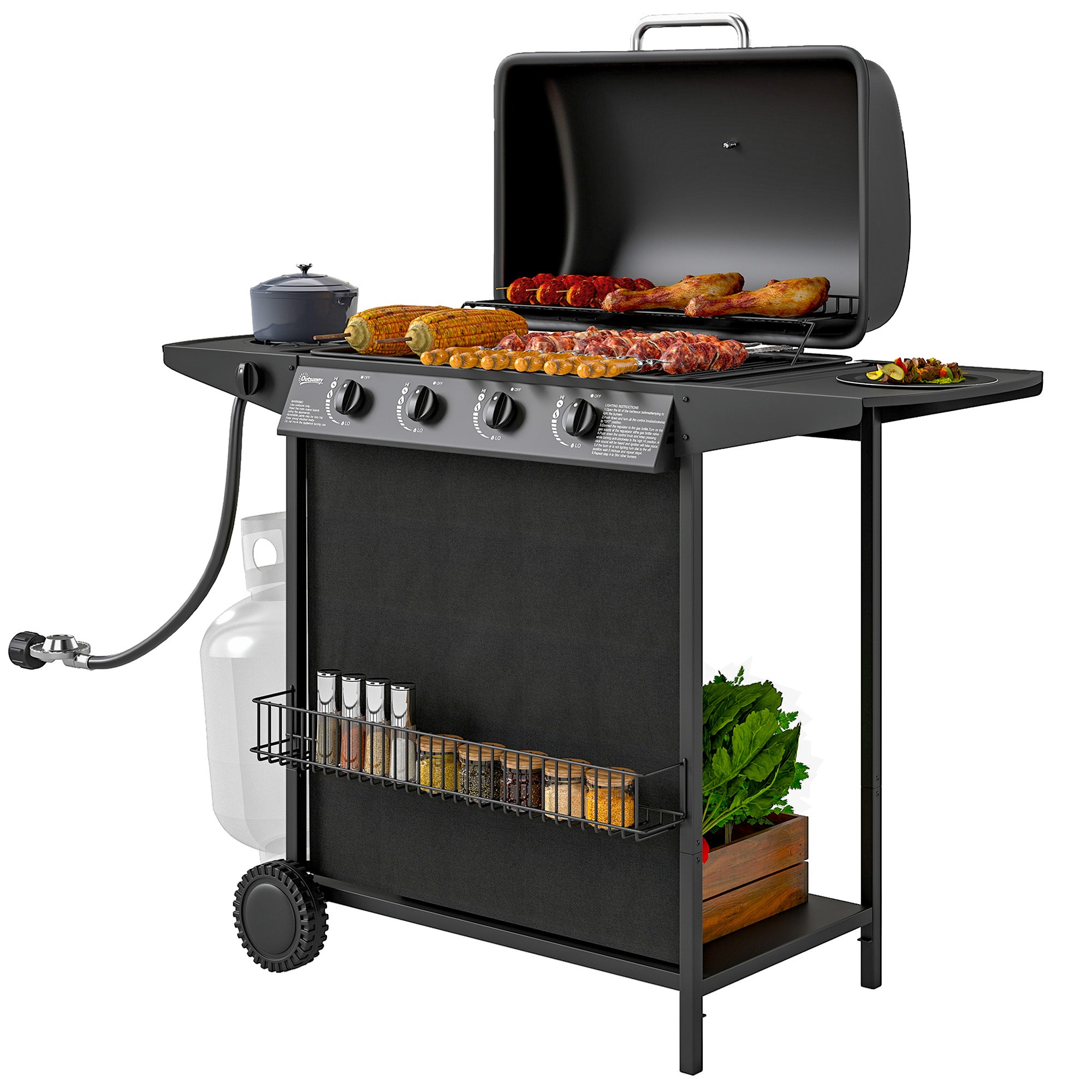 4+1 Burner Propane Gas BBQ Grill, Portable Gas Barbecue Grill with Side Burner, Thermometer, Lid, Side Table, Shelf, Spice Rack, Wheels, Grease Cup for Garden, Black