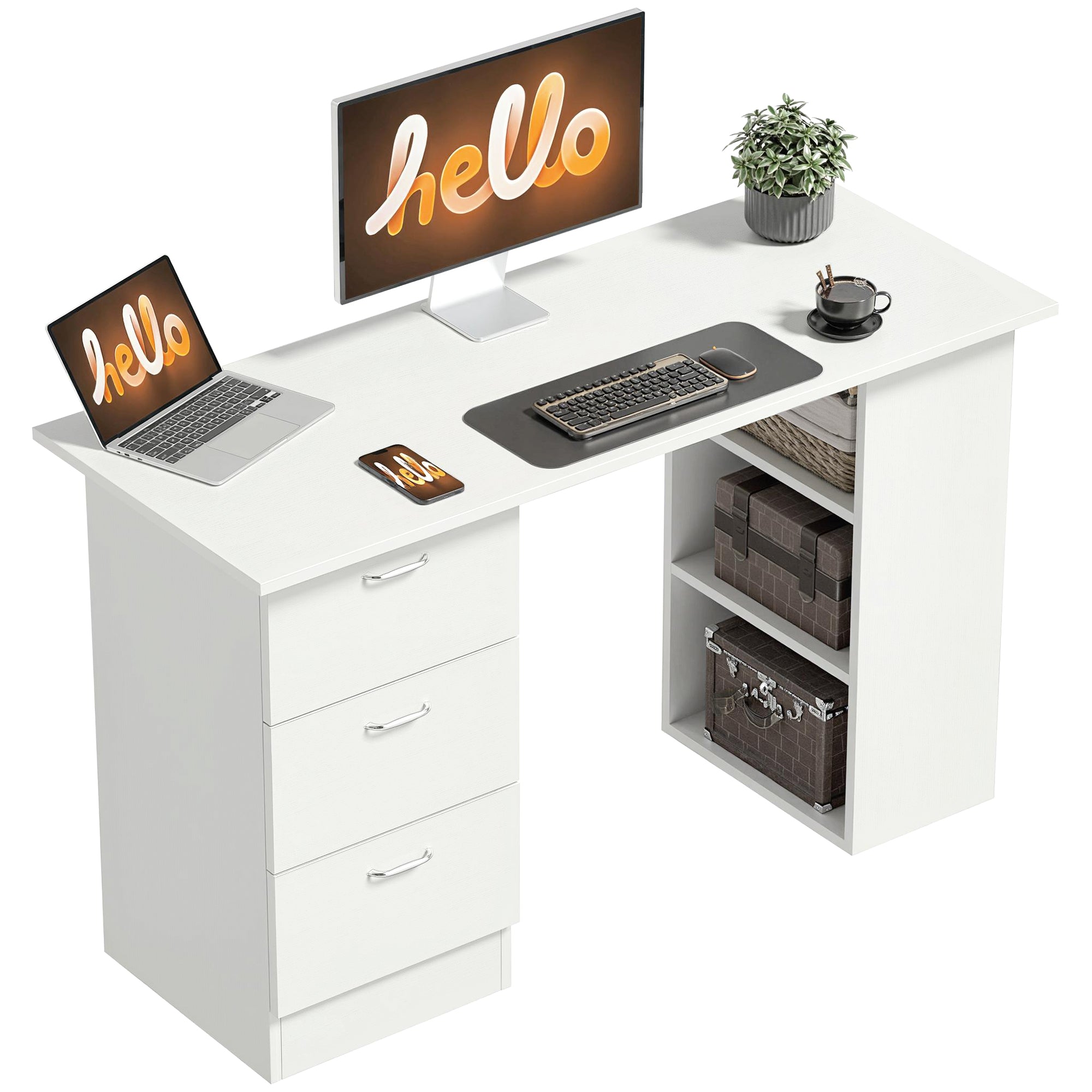 Computer Desk, 47" Writing Table with 3-Tier Shelves and 3 Reversible Drawers for Home Office, Bedroom, White