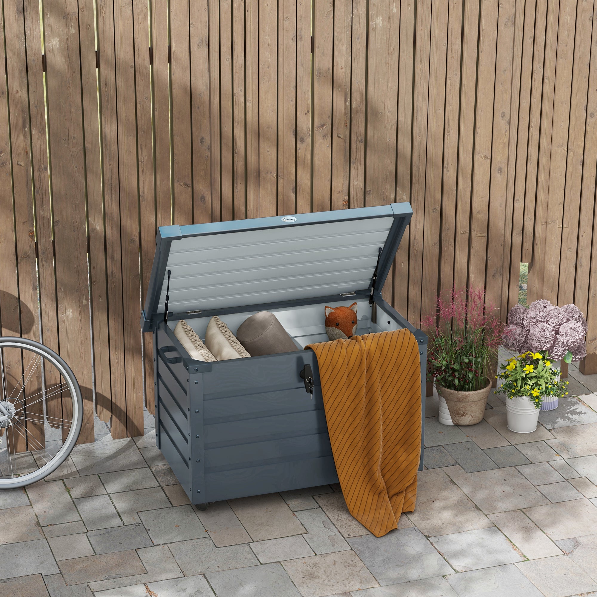 78 Gallon Garden Storage Box, Waterproof Outdoor Storage Container with Wheels and Handles, Dark Grey