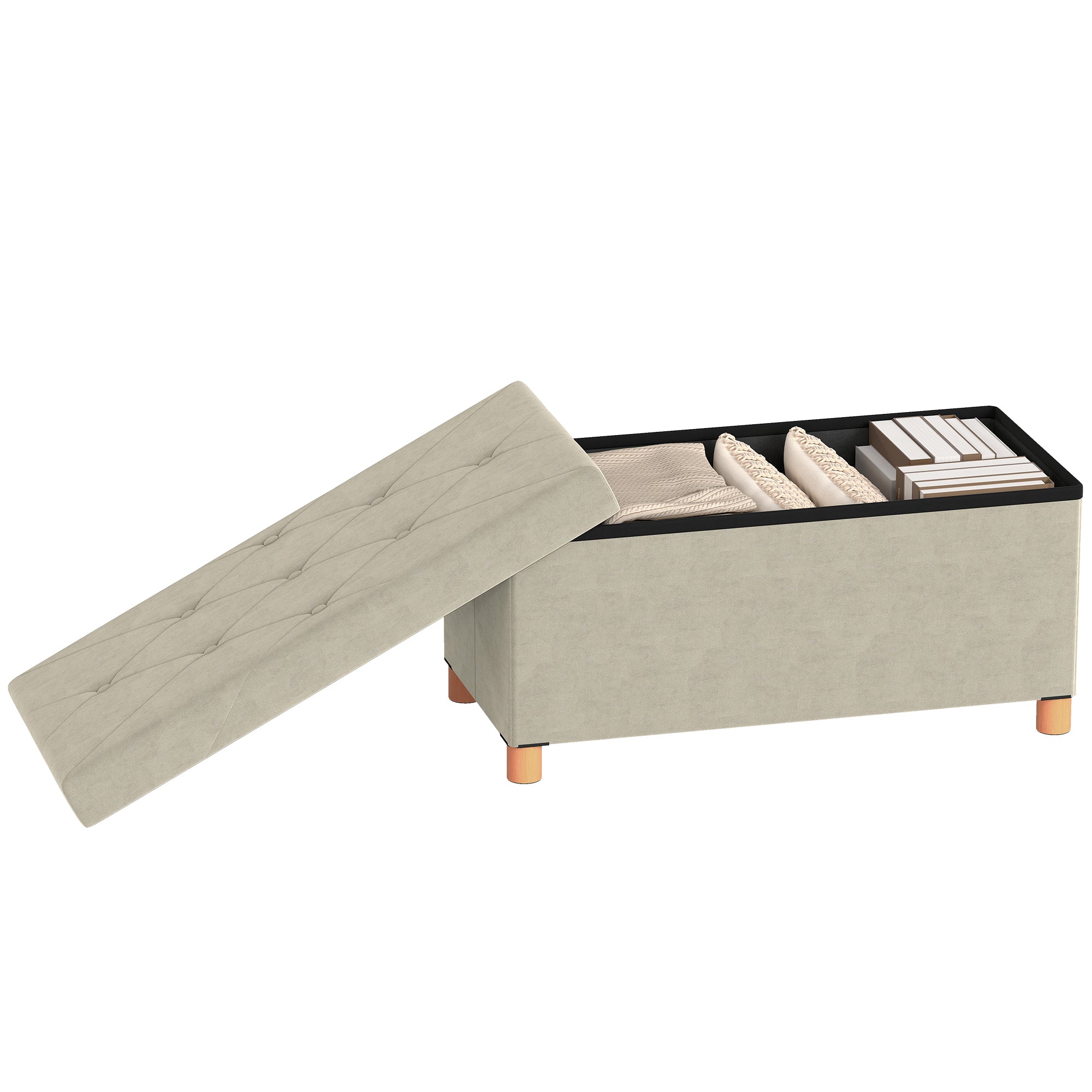 Storage Ottoman Bench, Velvet Upholstered Foldable Ottoman Footrest, Foot Stool with Wood Legs for Living Room, Bedroom
