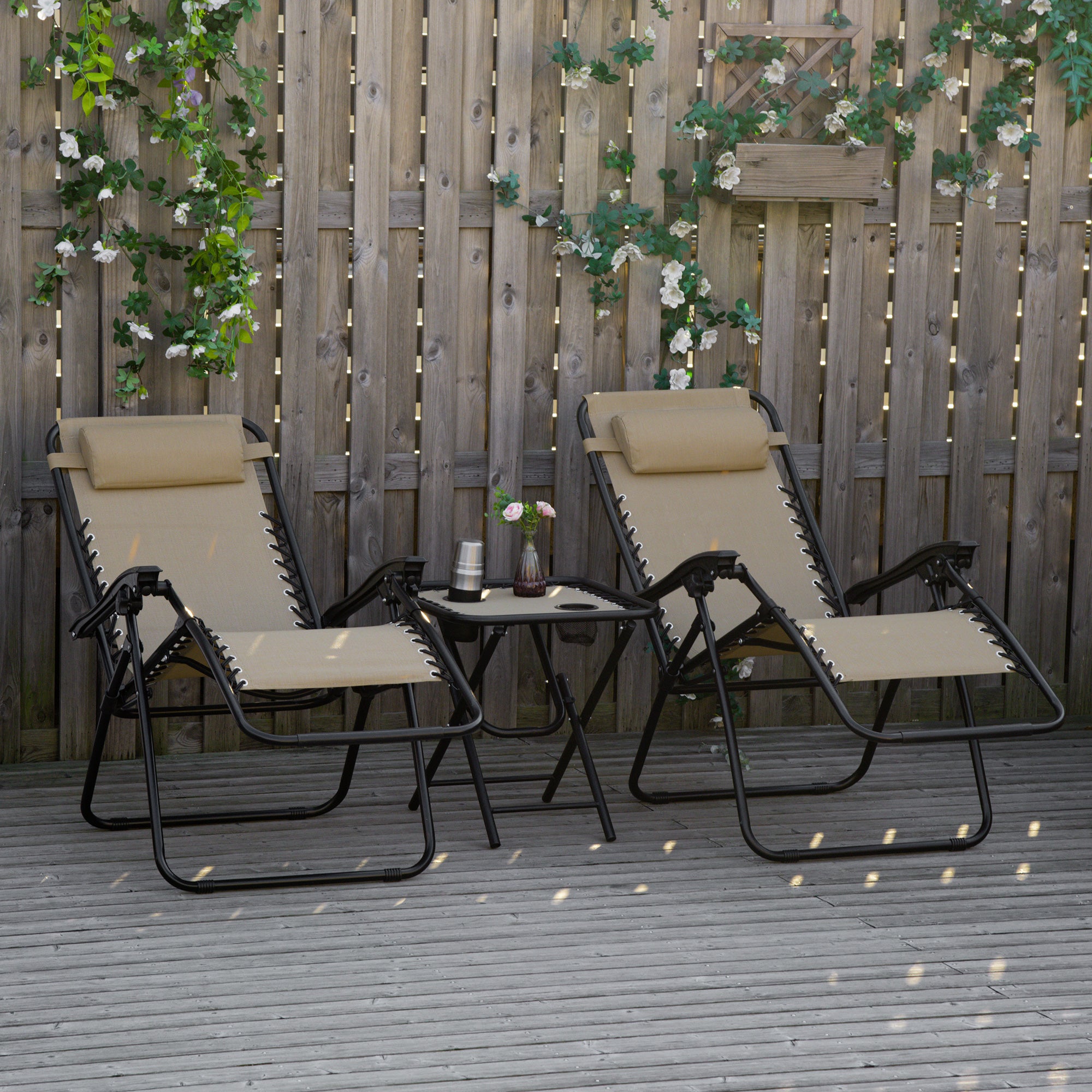 Zero Gravity Chair Set of 2 Patio Chair with Side Table Cupholders and Pillows for Pool, Backyard, Lawn, Beige