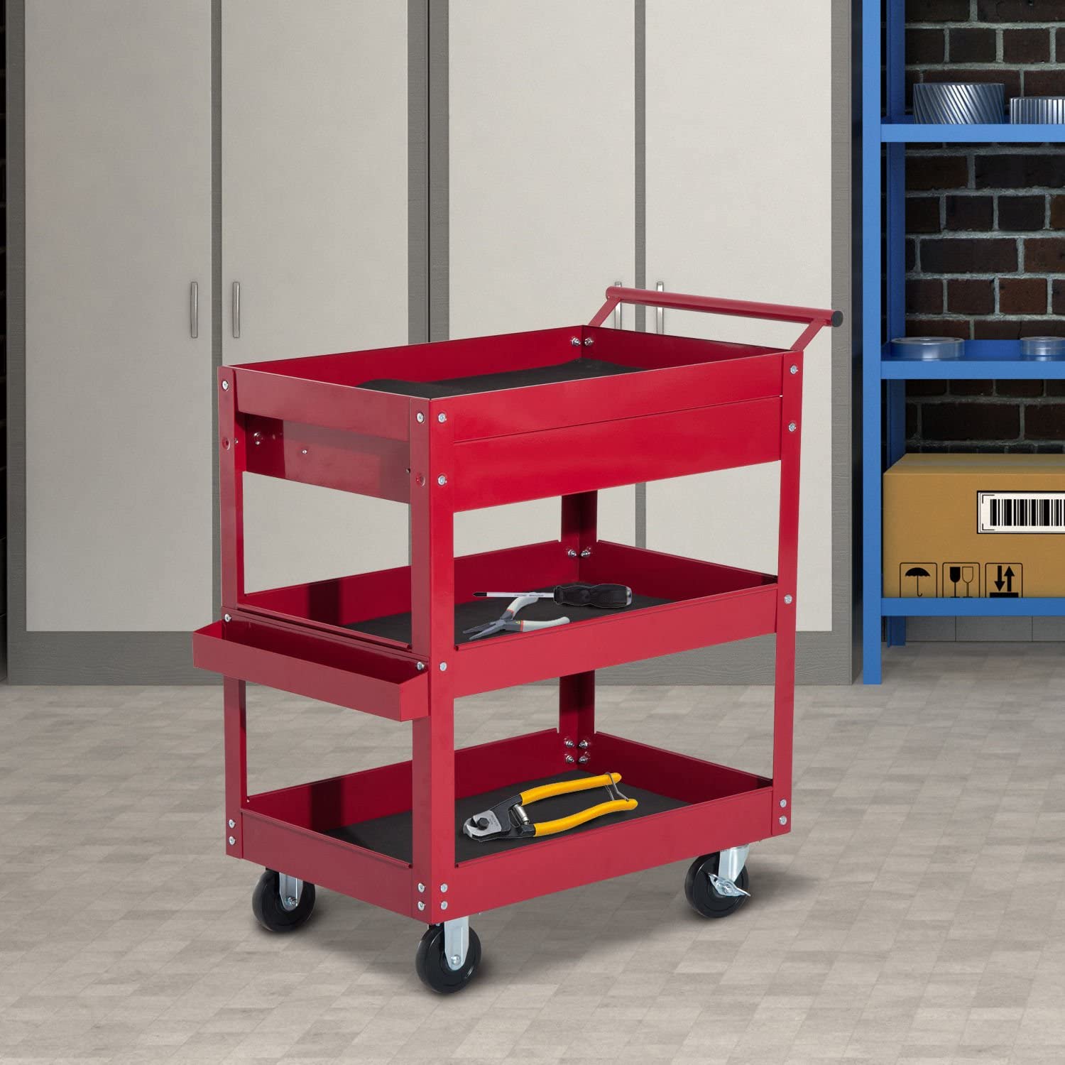 3-Tier Rolling Tool Cart with Drawer and Side Box, 132 LBS Capacity Steel Utility Cart, Mobile Service Tool Organizer for Garage, Warehouse, Workshop, Red