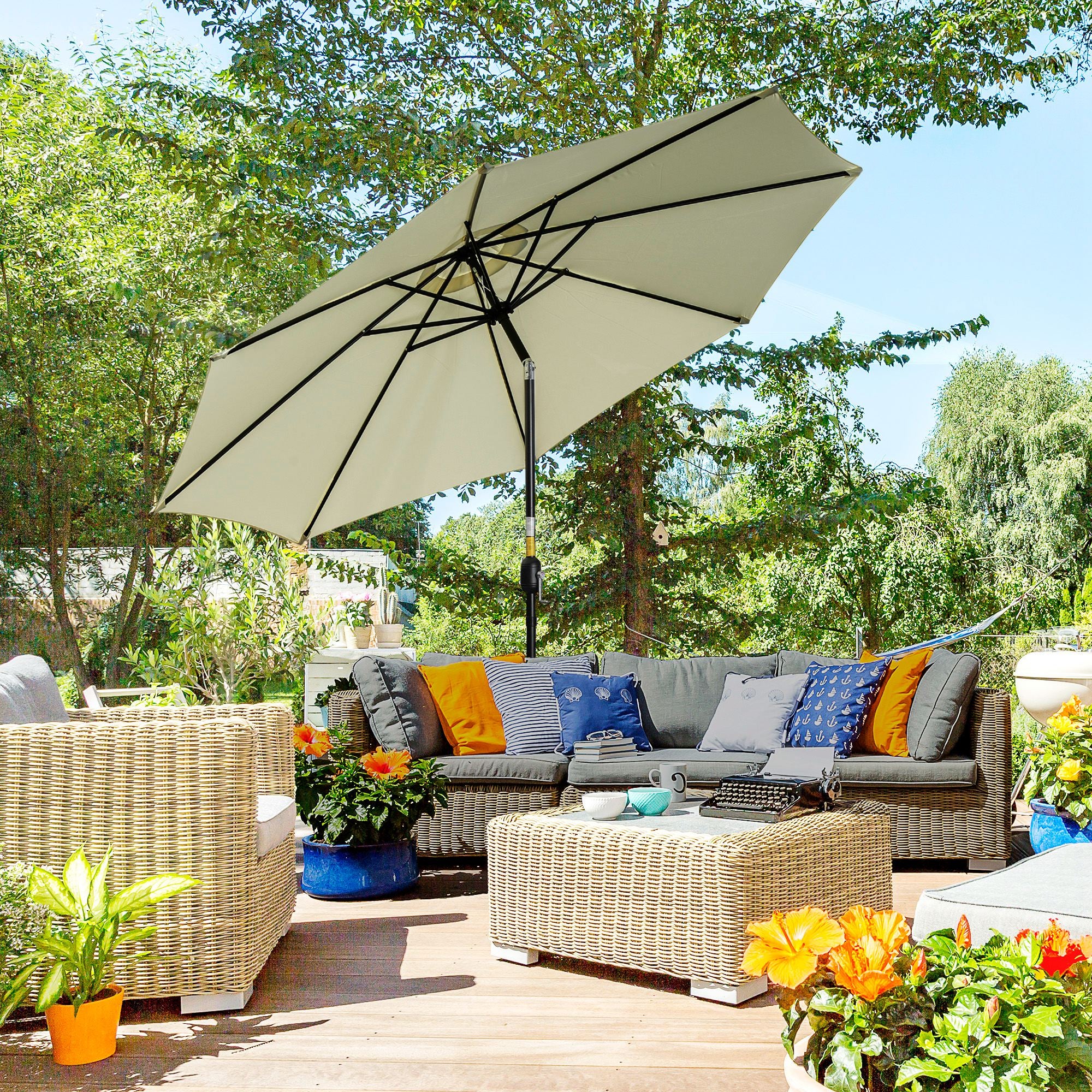 10' x 8' Round Market Umbrella, Patio Umbrella, Outdoor Parasol with Crank Handle, Tilt for Garden, Bench, Lawn, Beige