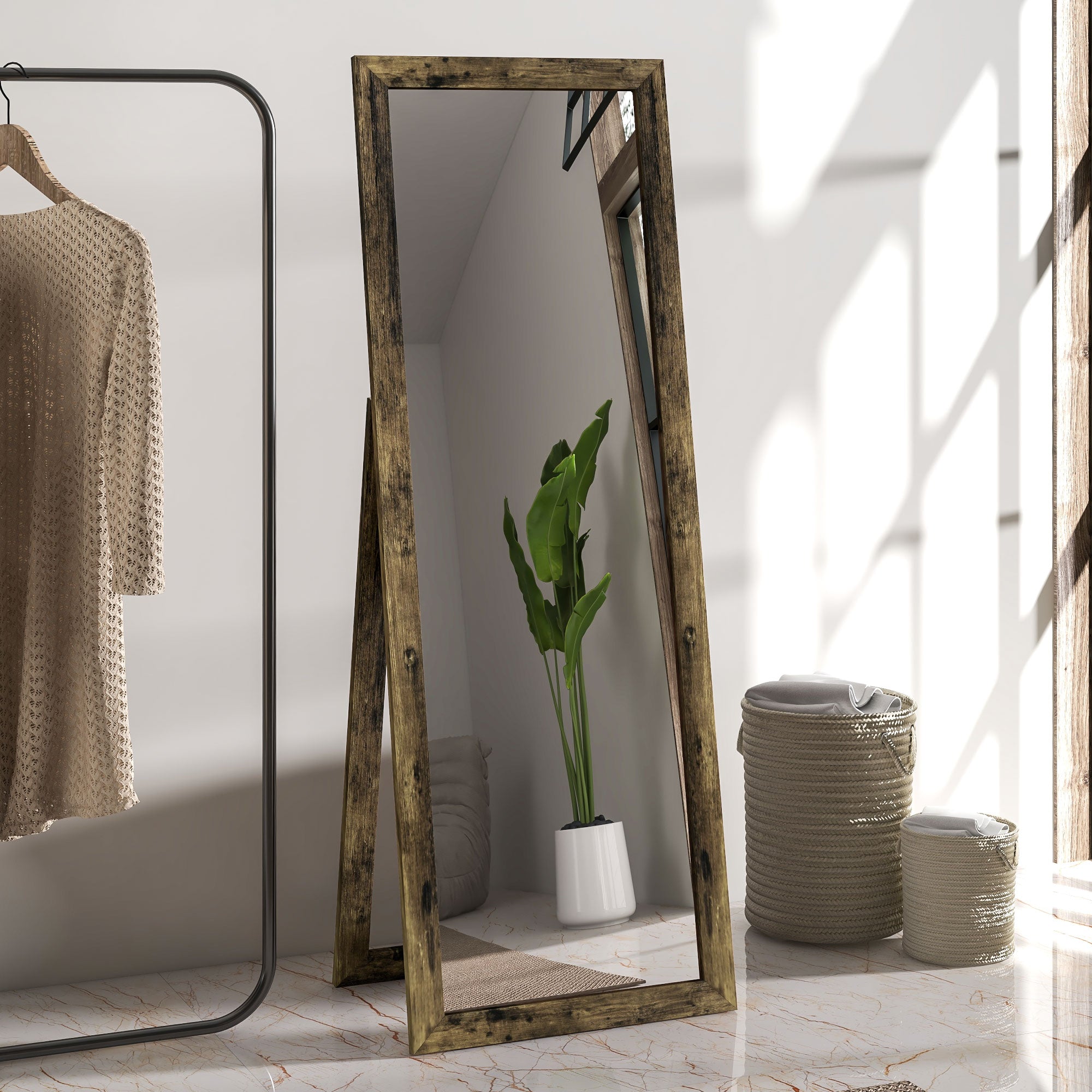 58" x 20" Floor Standing Mirror, Full Body Mirror for Bedroom, Living Room, Rustic Brown