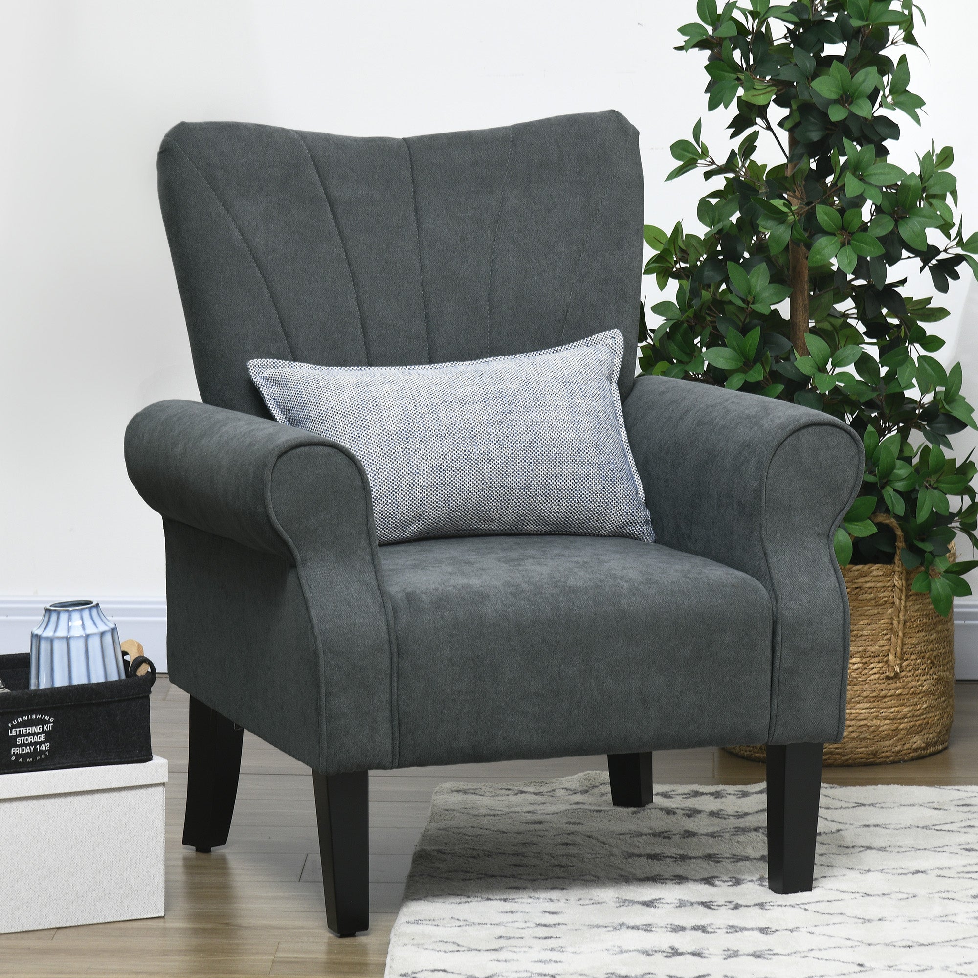 Fabric Armchair, Modern Accent Chair with Wood Legs for Living Room, Bedroom, Home Office, Dark Grey