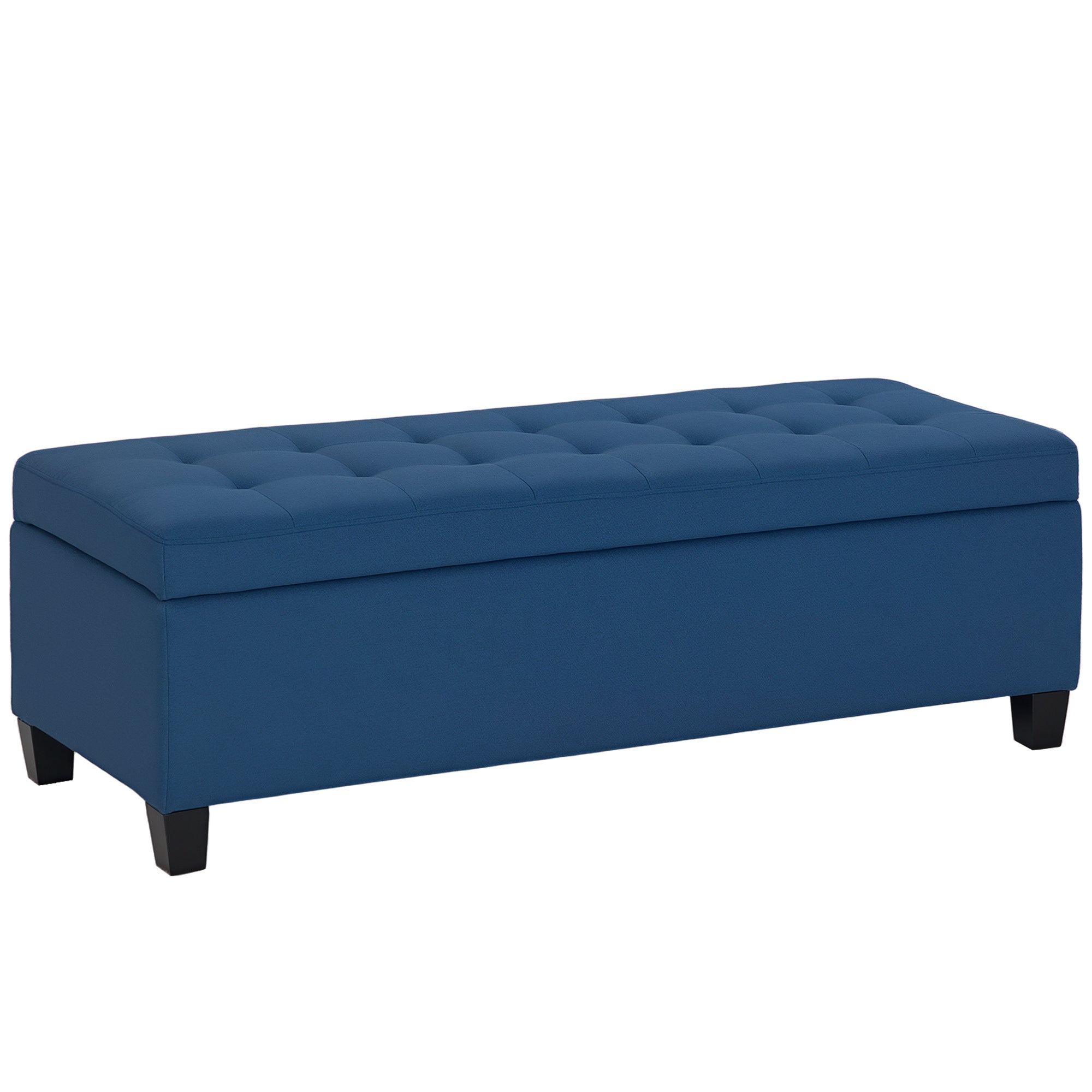 Rectangular Entry Bench, Tufted Upholstered Linen Fabric Wood Feet Storage Ottoman Bench, Blue