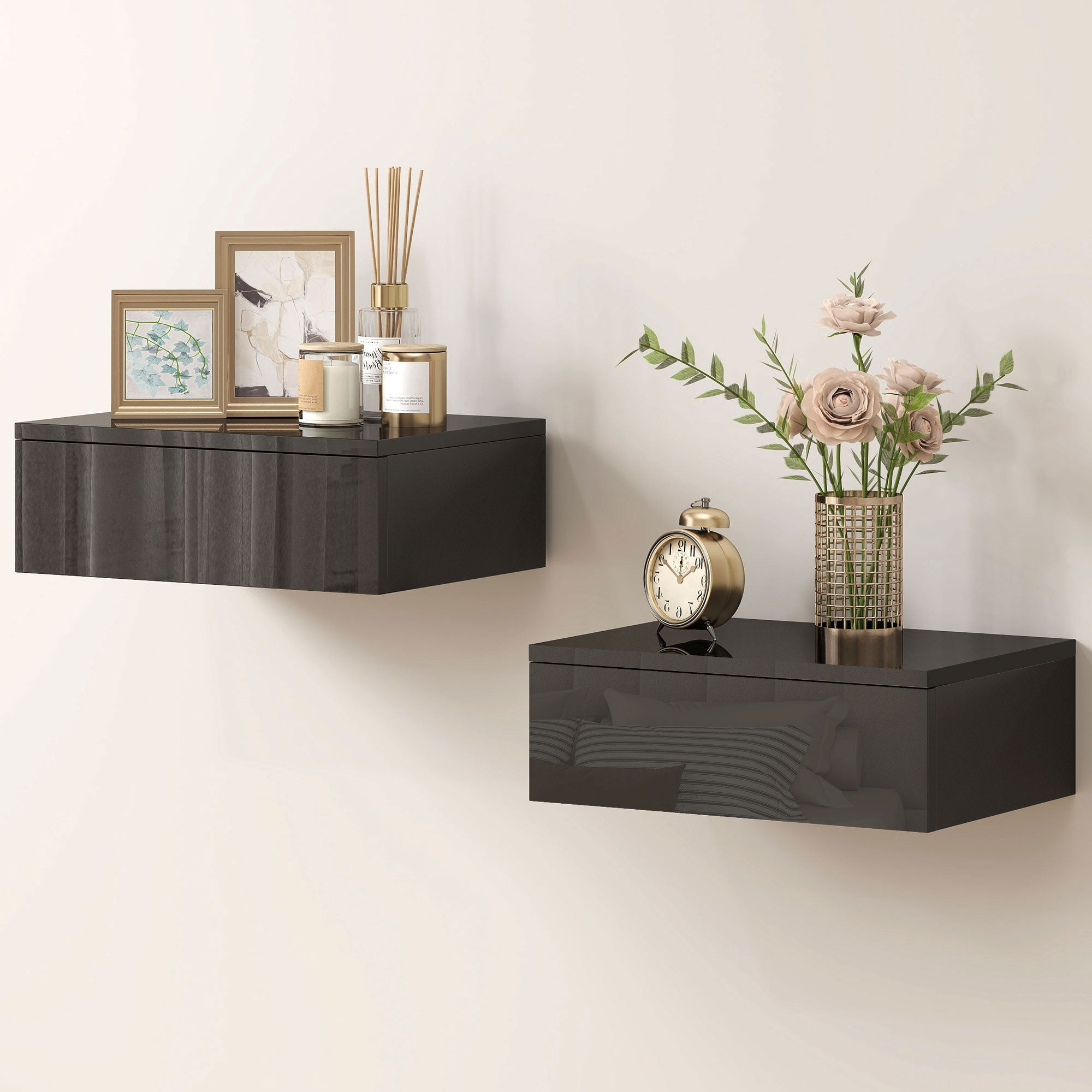 Set of 2 Wall Mounted Bedside Tables, High Gloss Floating Nightstands with Drawer for Bedroom, Black