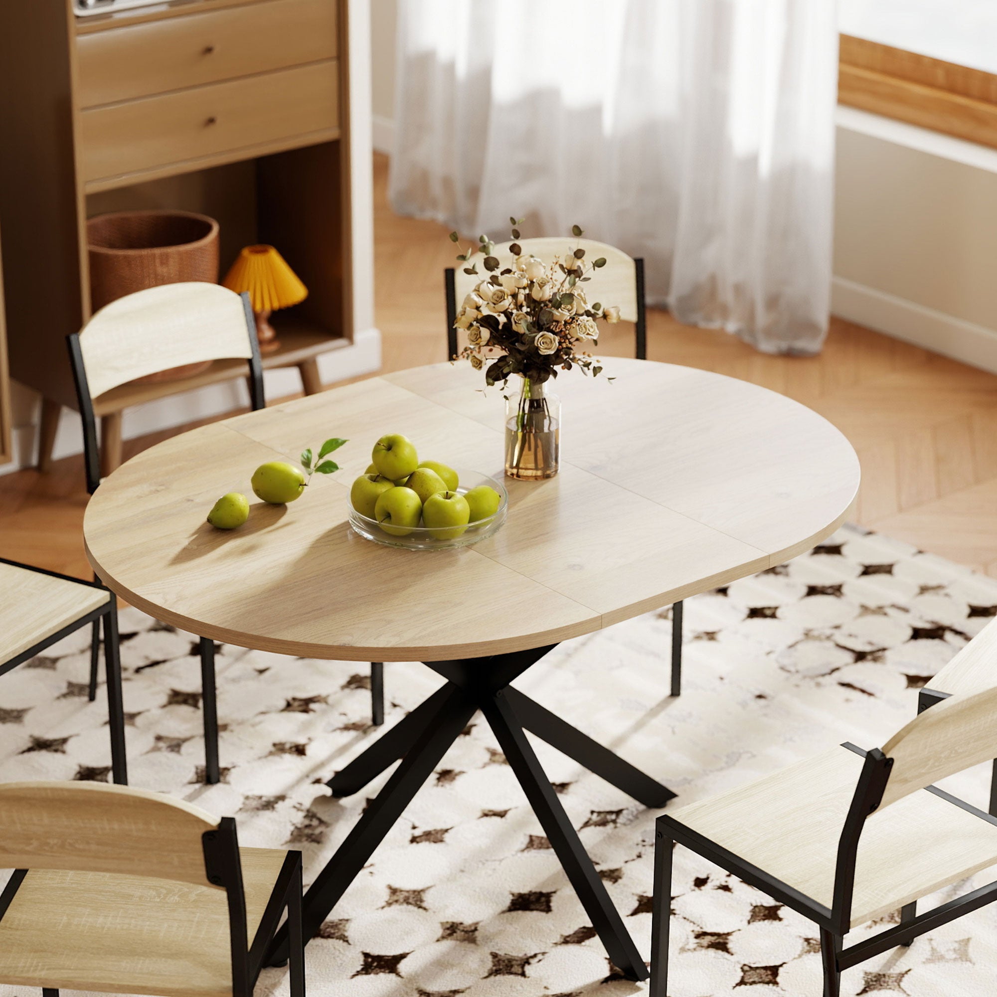 39.5"-53" Extendable Dining Table for 4-6, Industrial Kitchen Table with Butterfly Leaf and X-Shape Base, Natural Wood