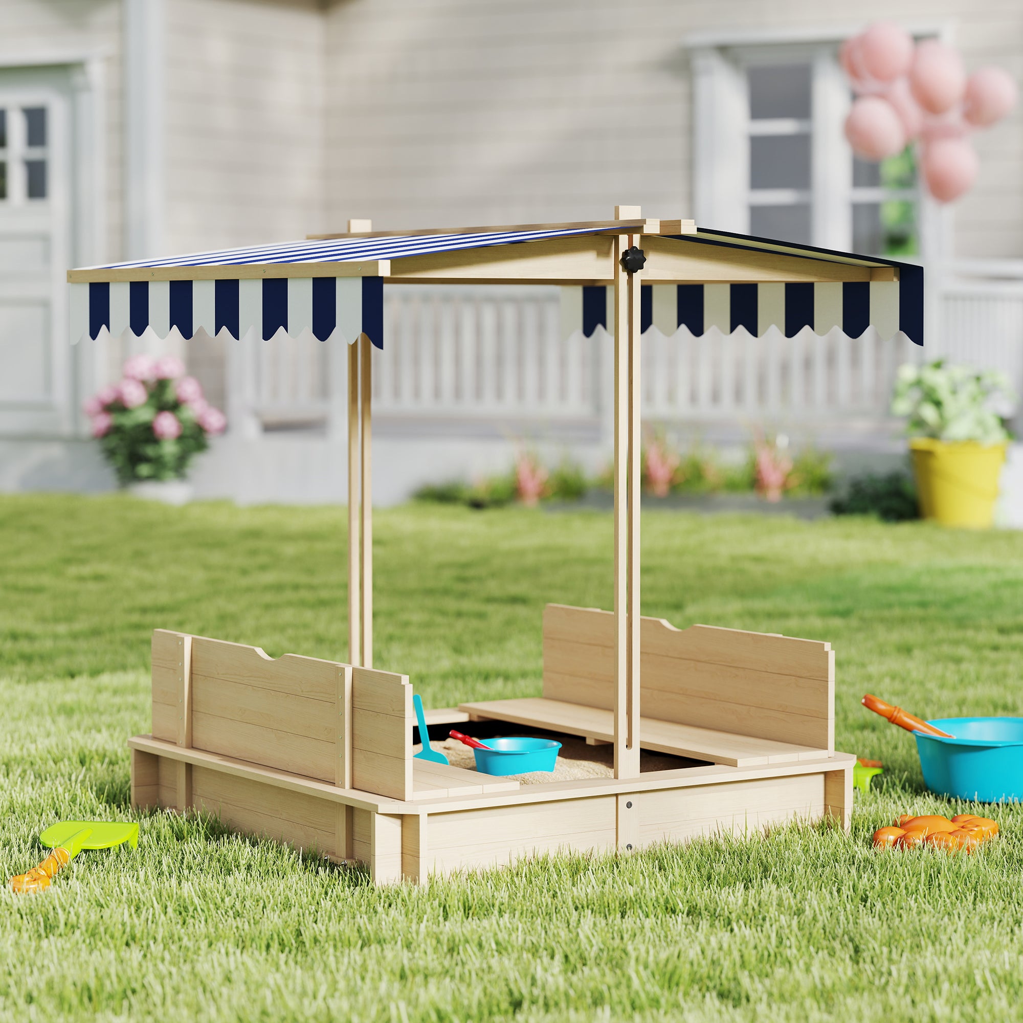 Kids Wooden Sandbox Outdoor Backyard Playset Children Play Station w/ Adjustable Canopy & Convertible Bench Sand for 3-7 Years Old