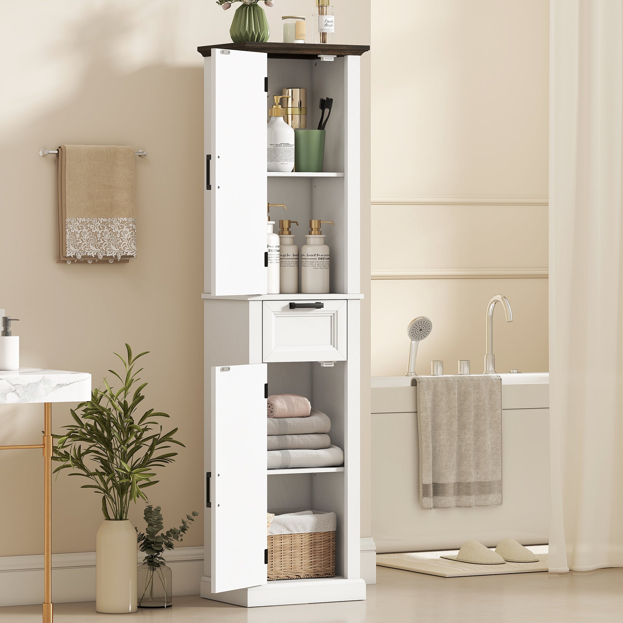 65" Tall Bathroom Storage Cabinet, Freestanding Farmhouse Slim Bathroom Cabinet with 2 Doors, Shelves and Drawer, White