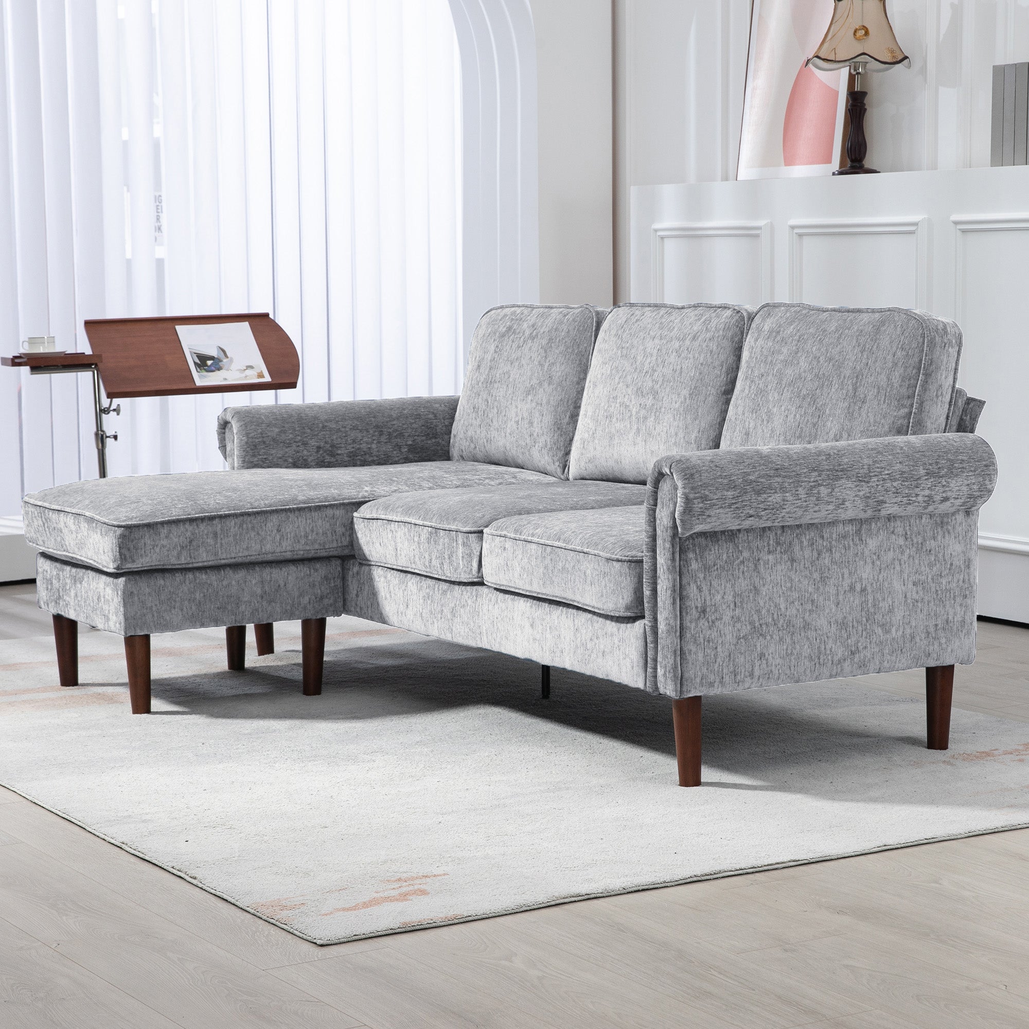 L Shape Sofa, Modern Sectional Couch with Changeable Chaise Lounge, Wooden Legs, Corner Sofa for Living Room, Grey