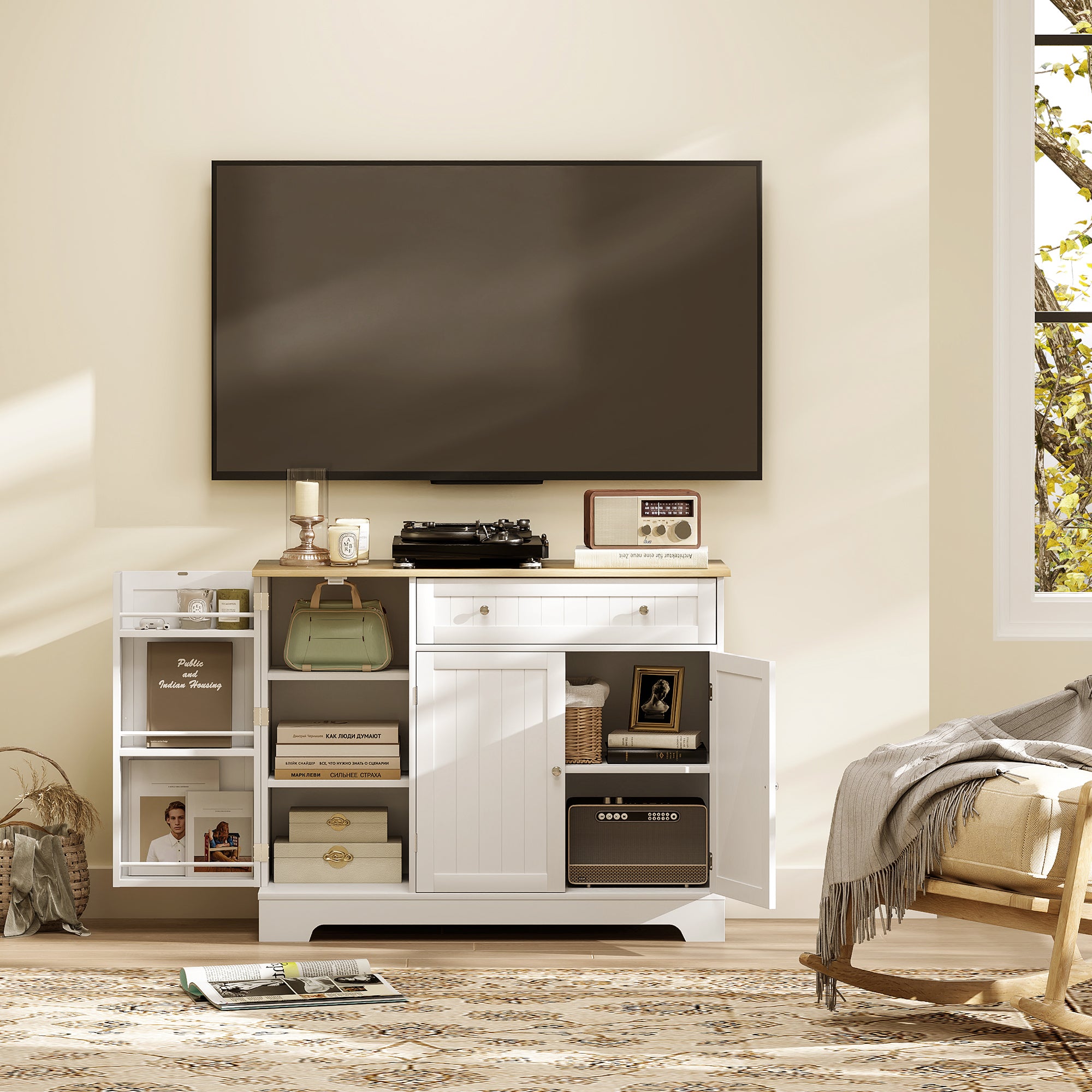 Modern Sideboard Cabinet, 41" Kitchen Buffet Cabinet with Drawer, Adjustable Shelf, 3 Doors for Dining Room, White