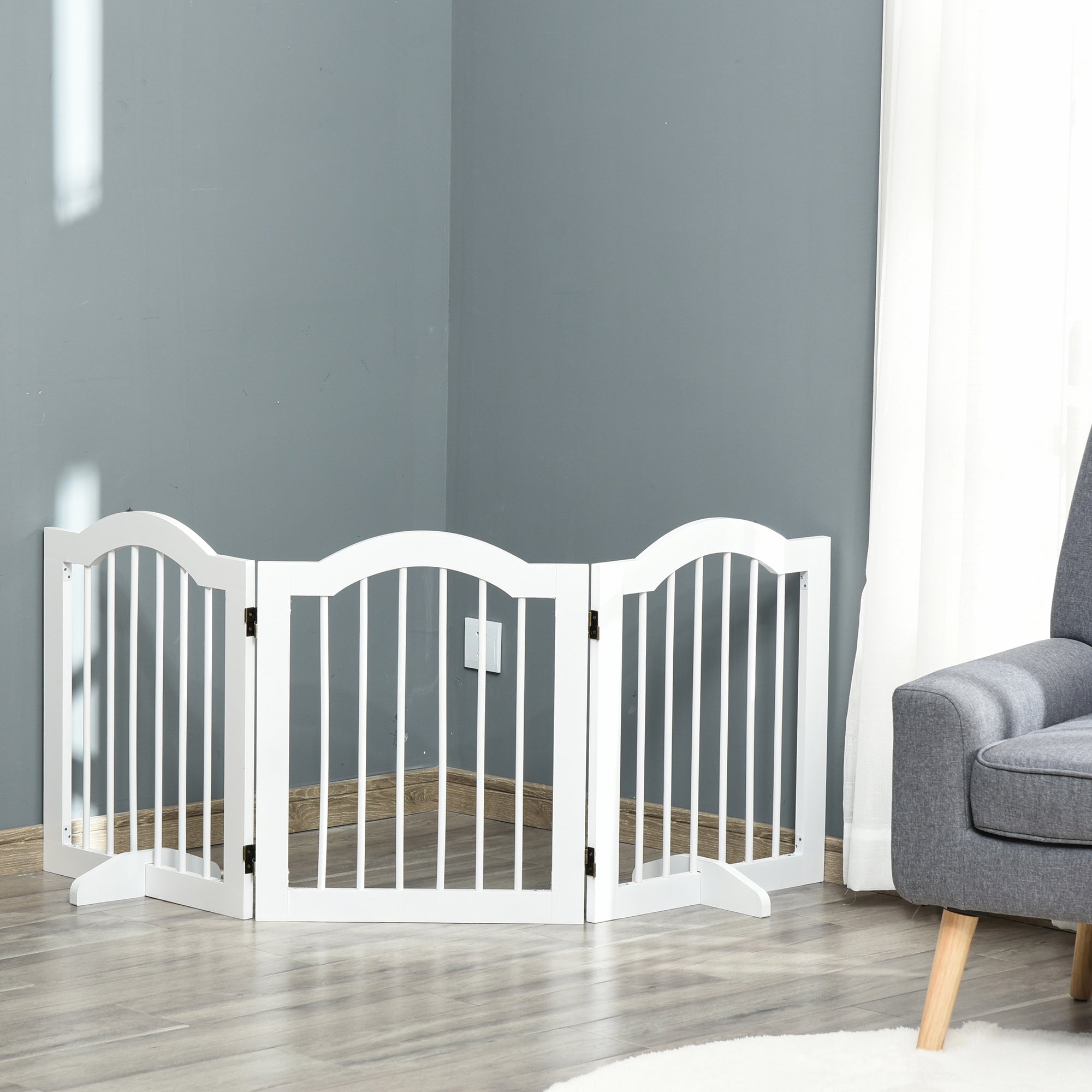 24"H Foldable Dog Gate, 3 Panels Freestanding Pet Gate Barriers Indoor with Support Feet, Puppy Fence for Small Dogs, White