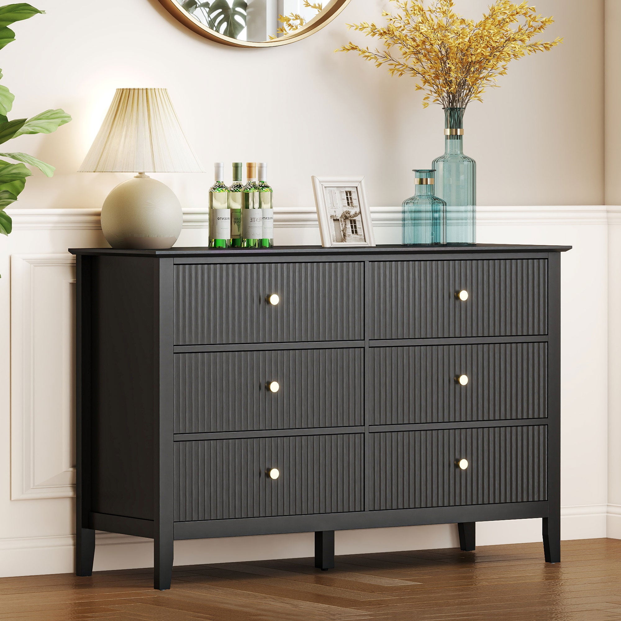 Double Chest of Drawers, Modern 6 Drawer Dresser for Bedroom, Living Room, Hallway, Closet, Black