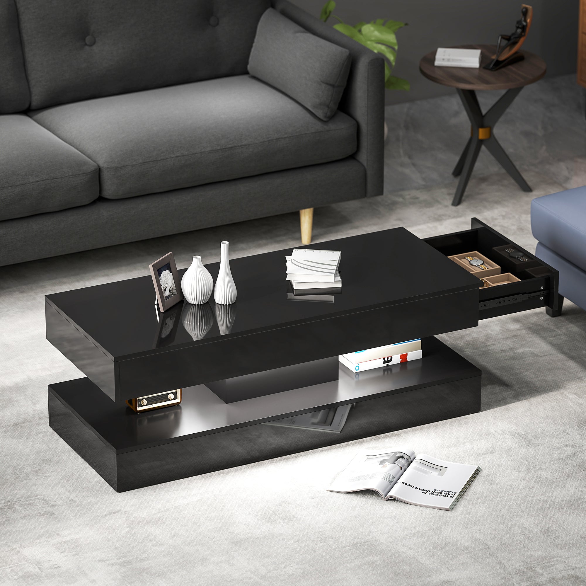 Coffee Table with Adjustable LED Lights, Modern Living Room Table with 2 Drawers, Open Shelf, Remote, High Gloss Black