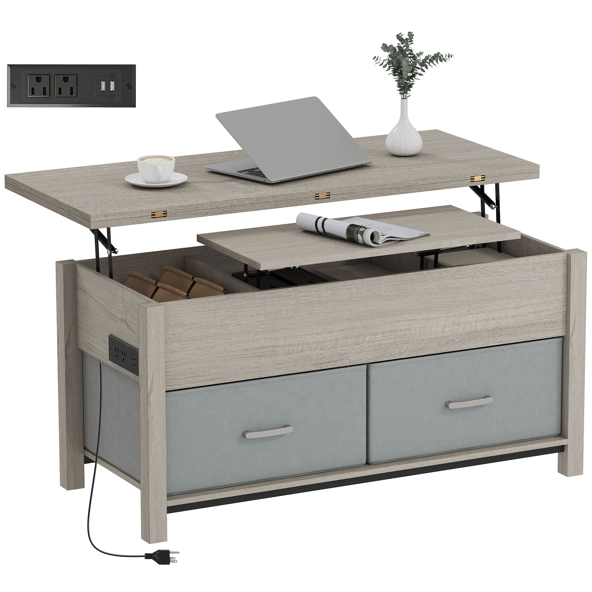 Lift Top Coffee Table, Center Table with 3 Hidden Compartments, 2 Fabric Drawers, Expandable Top and Charging Station