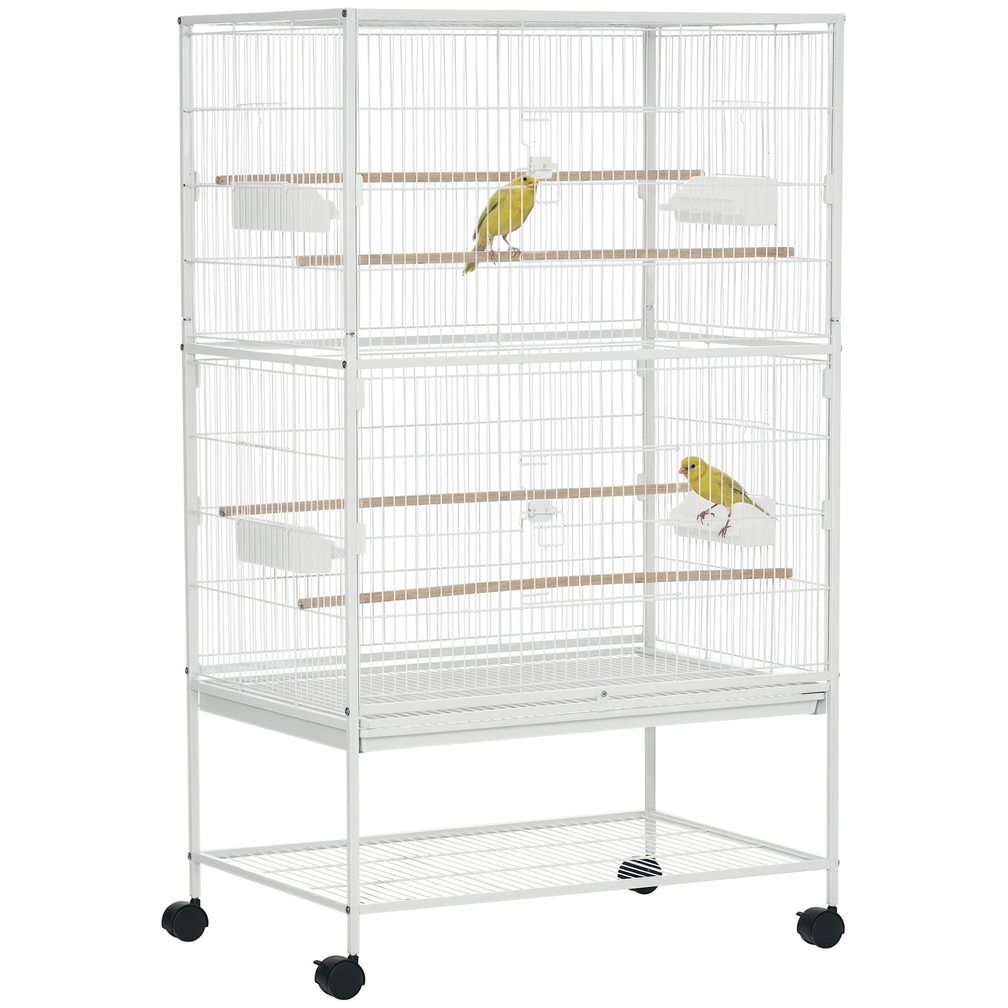52" Large Steel Bird Cage for Parrot Budgie Cockatiels African Grey Parakeets Pigeons with Rolling Stand, Storage Shelf, Wood Perch, Food Container, White