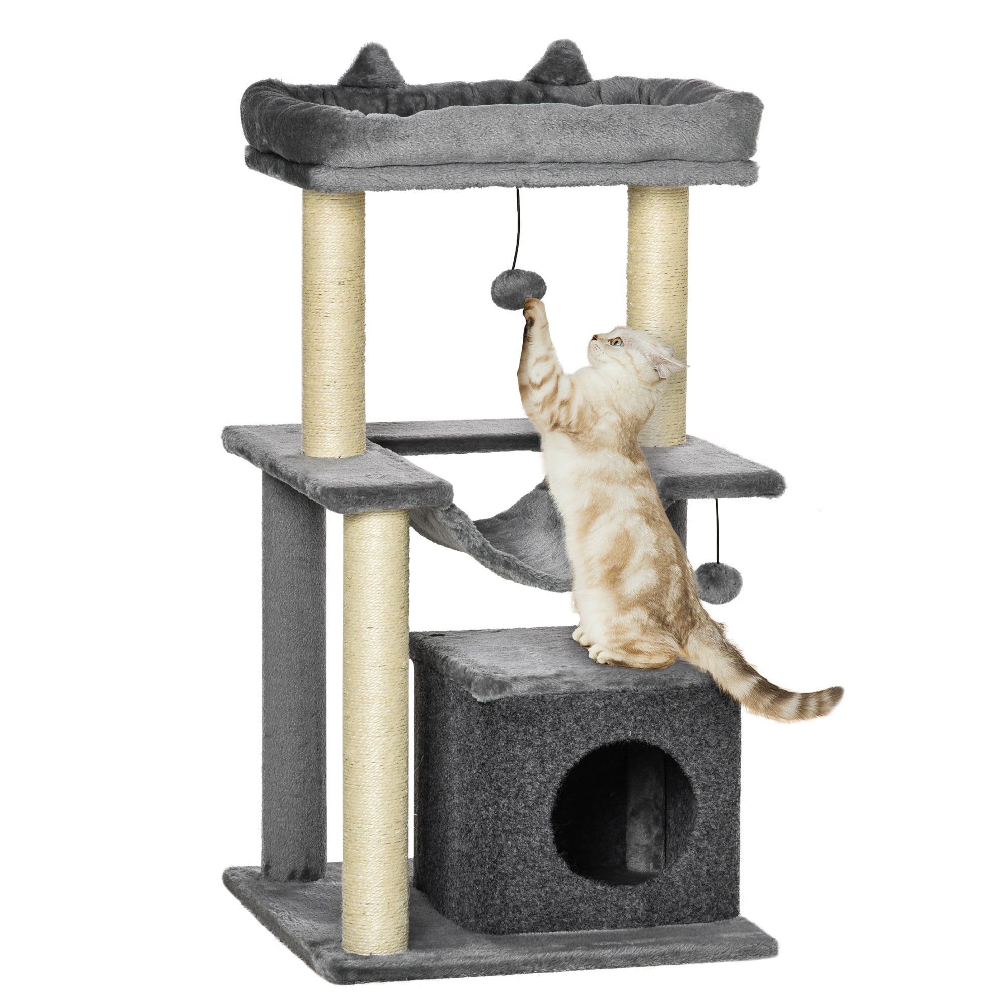 39.25'' Cat Tree Tower Multi-Level Kitten House with Scratching Post Condo Hammock Bed Ball Toy - Grey