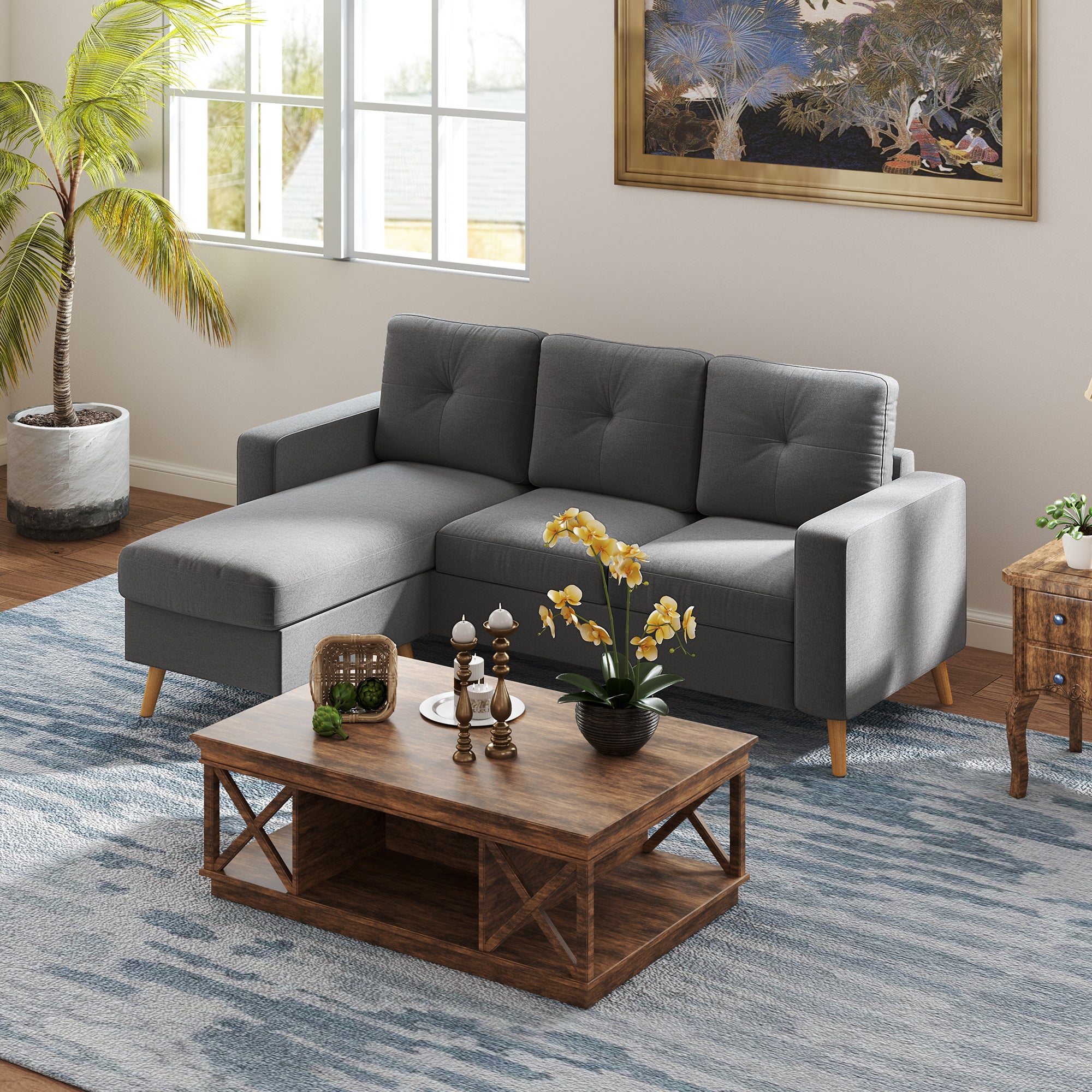 Sectional Sofa Couch, L Shaped Couch with Reversible Chaise, Wooden Legs for Living Room, Bedroom, Dark Grey