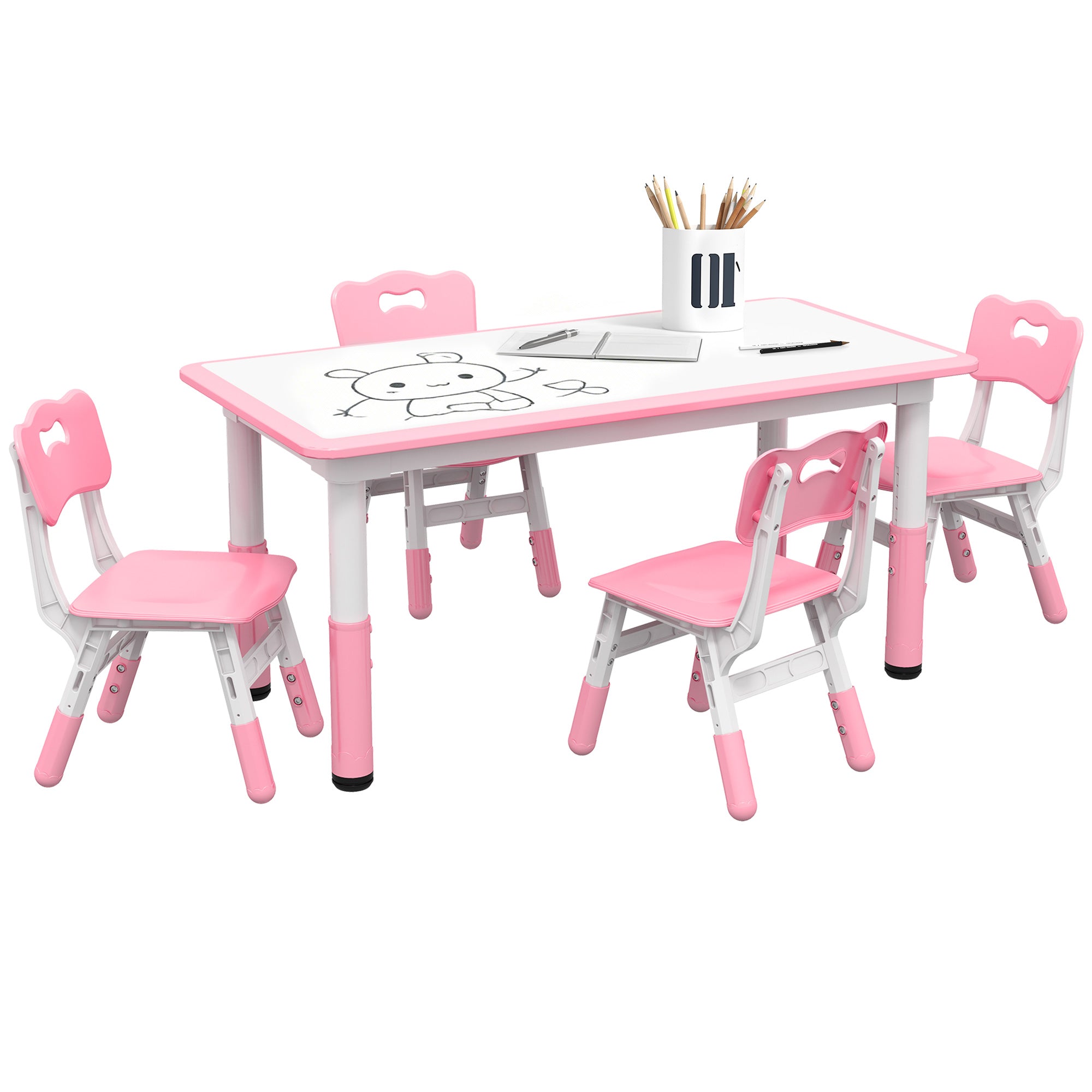 Qaba Kids Table and Chair Set with 4 Chairs, Adjustable Height, Easy to Clean, for 1.5 - 8 Years Old, Pink