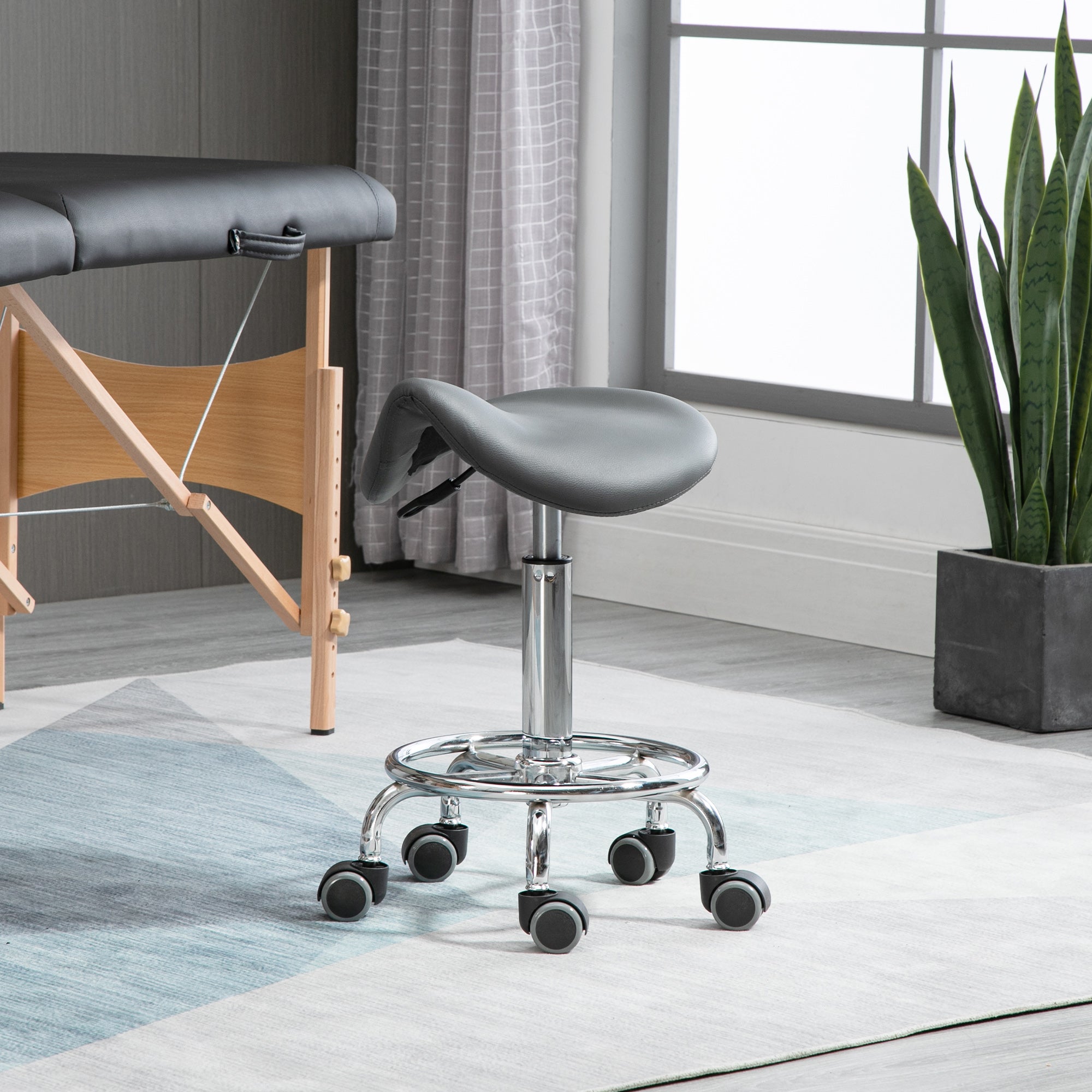 Saddle Stool, PU Leather Adjustable Rolling Salon Chair for Massage, Spa, Clinic, Beauty and Tattoo, Grey