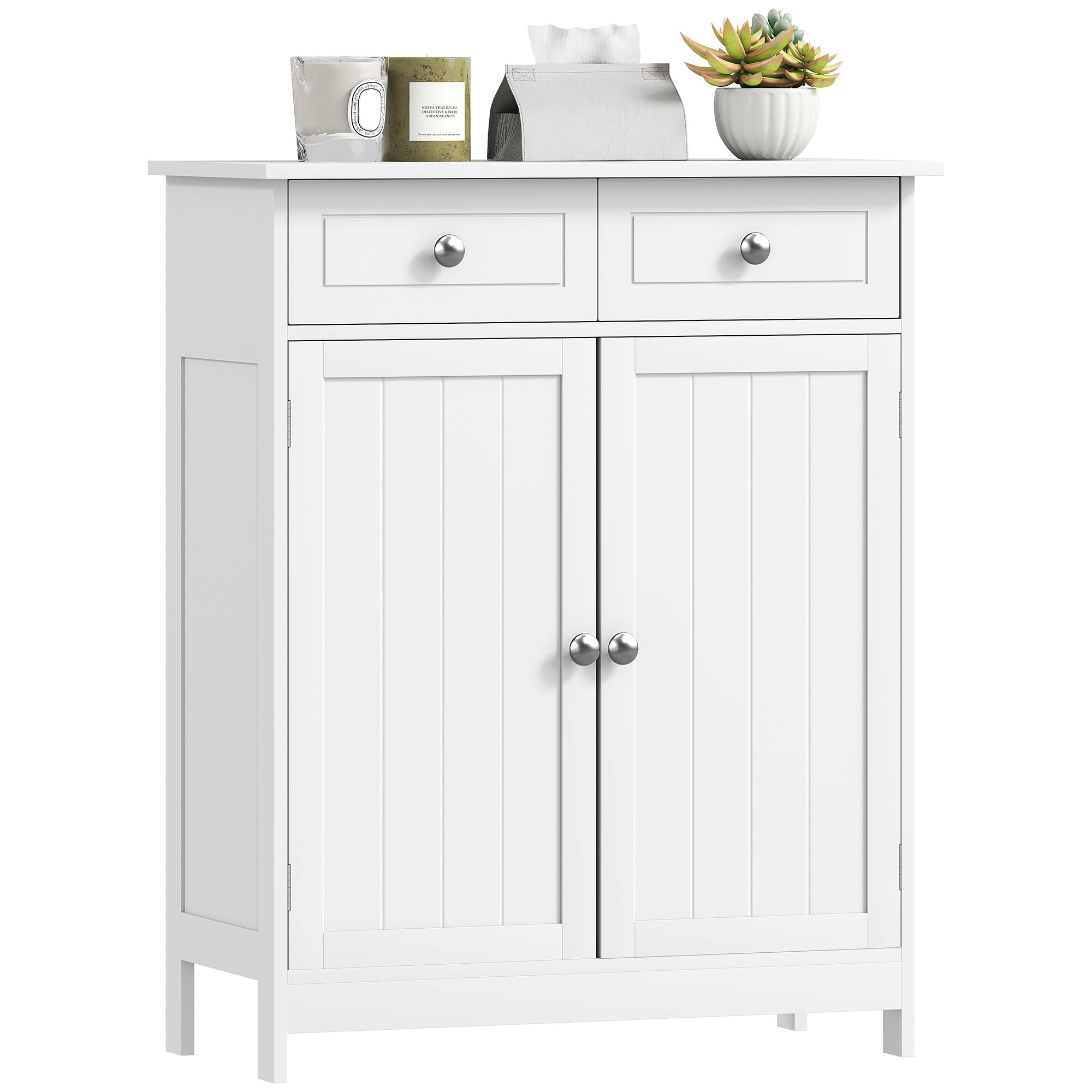 Freestanding Bathroom Floor Cabinet, Organizer Floor Tower with 2 Door, 2 Drawers, Adjustable Shelf, White