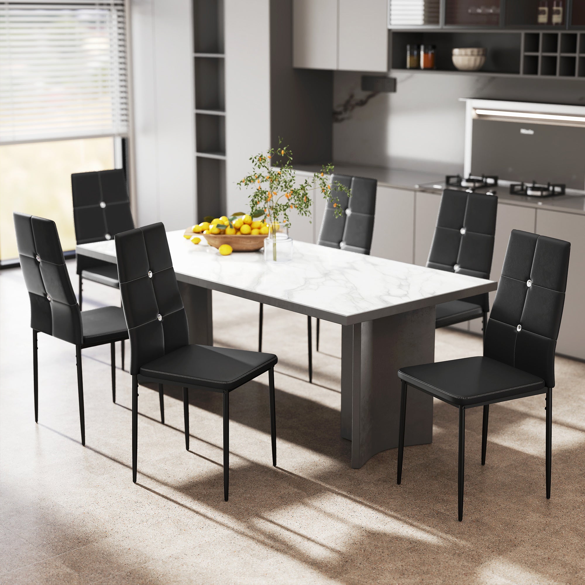 Set of 6 Button Tufted Back Side Chairs with Upholstered Seat, Steel Legs for Living Room, Kitchen, Bedroom, Black