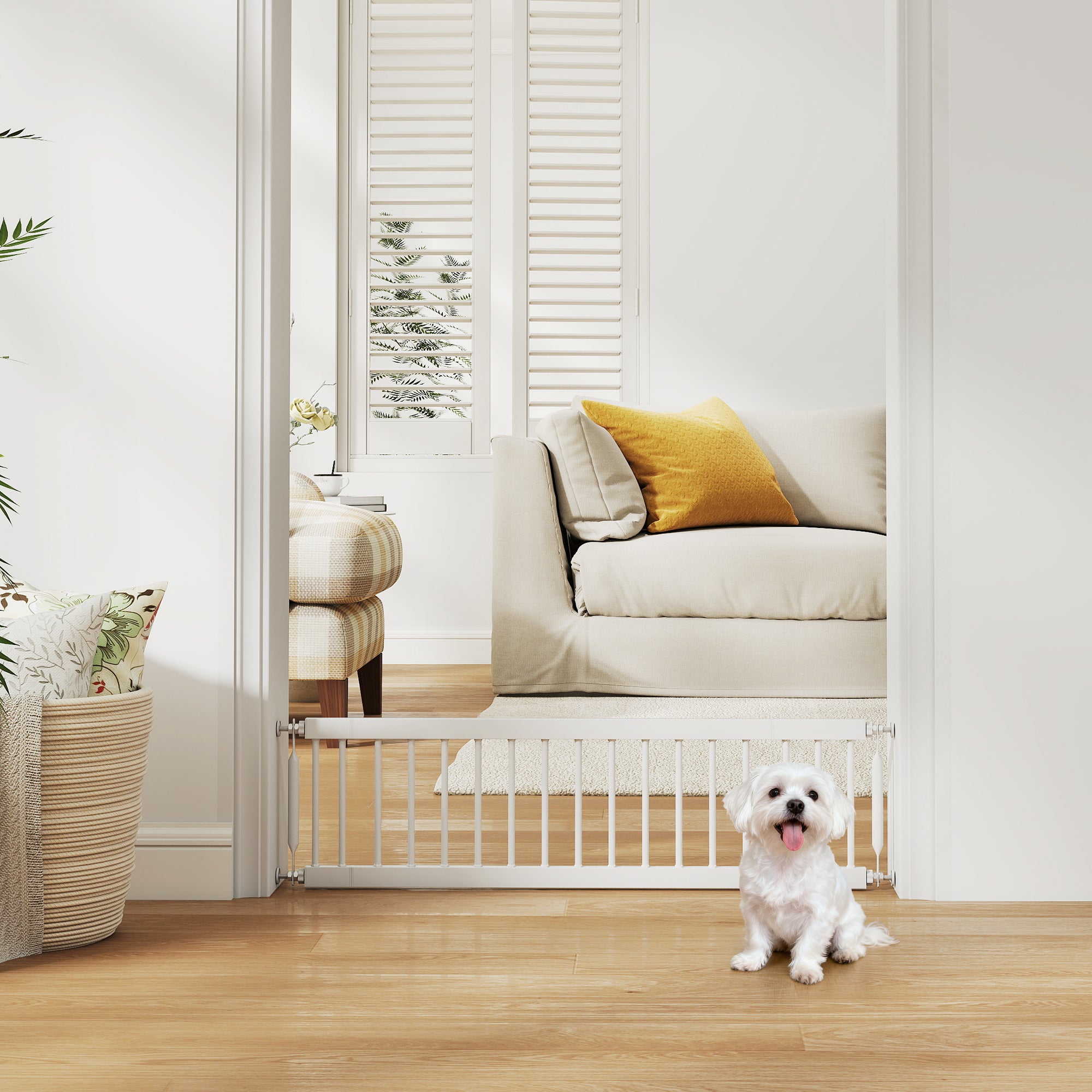 26"-37" Dog Gate, Adjustable Pet Gate, Fits 10" Tall with 2 Extension, Pressure Mount Kit for Stairs and Doorways, White