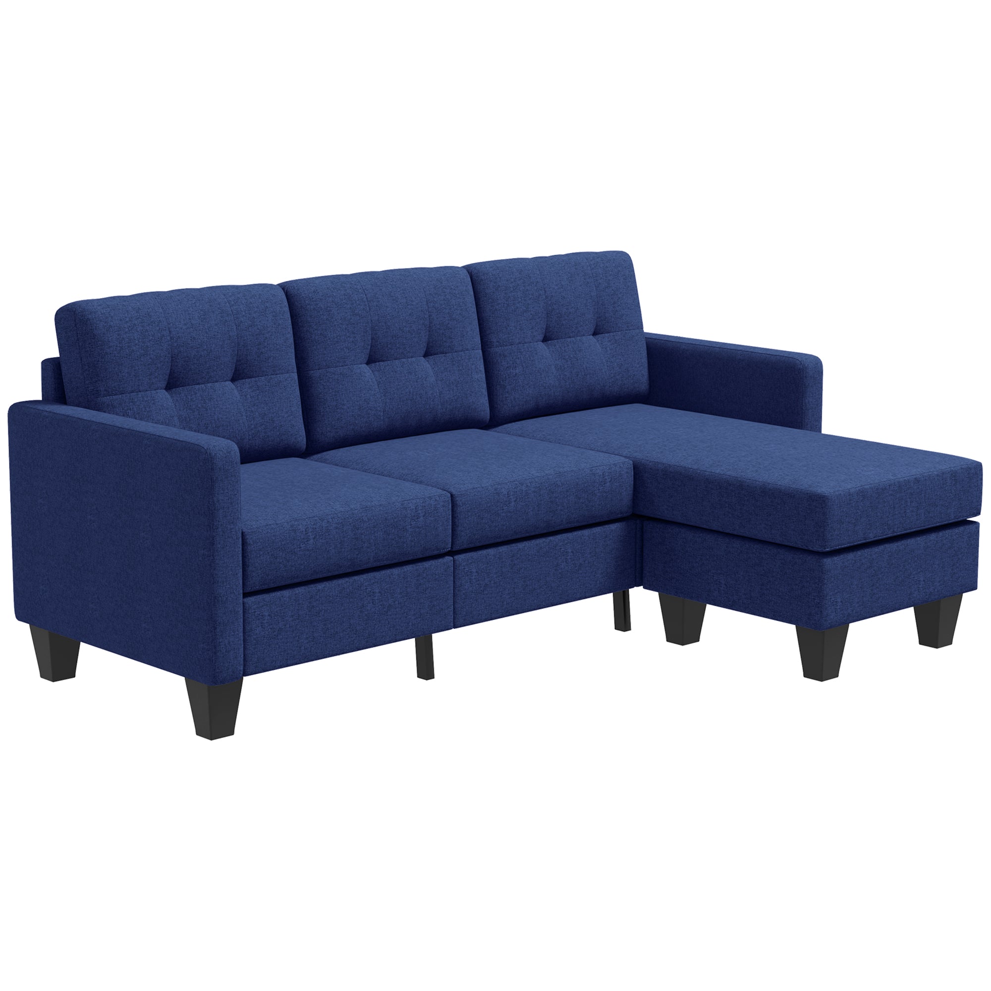 L-shaped Sofa, 3 Seater Sectional Couch with Ottoman, Corner Sofa with Thick Padded Cushion and Wood Legs, Dark Blue