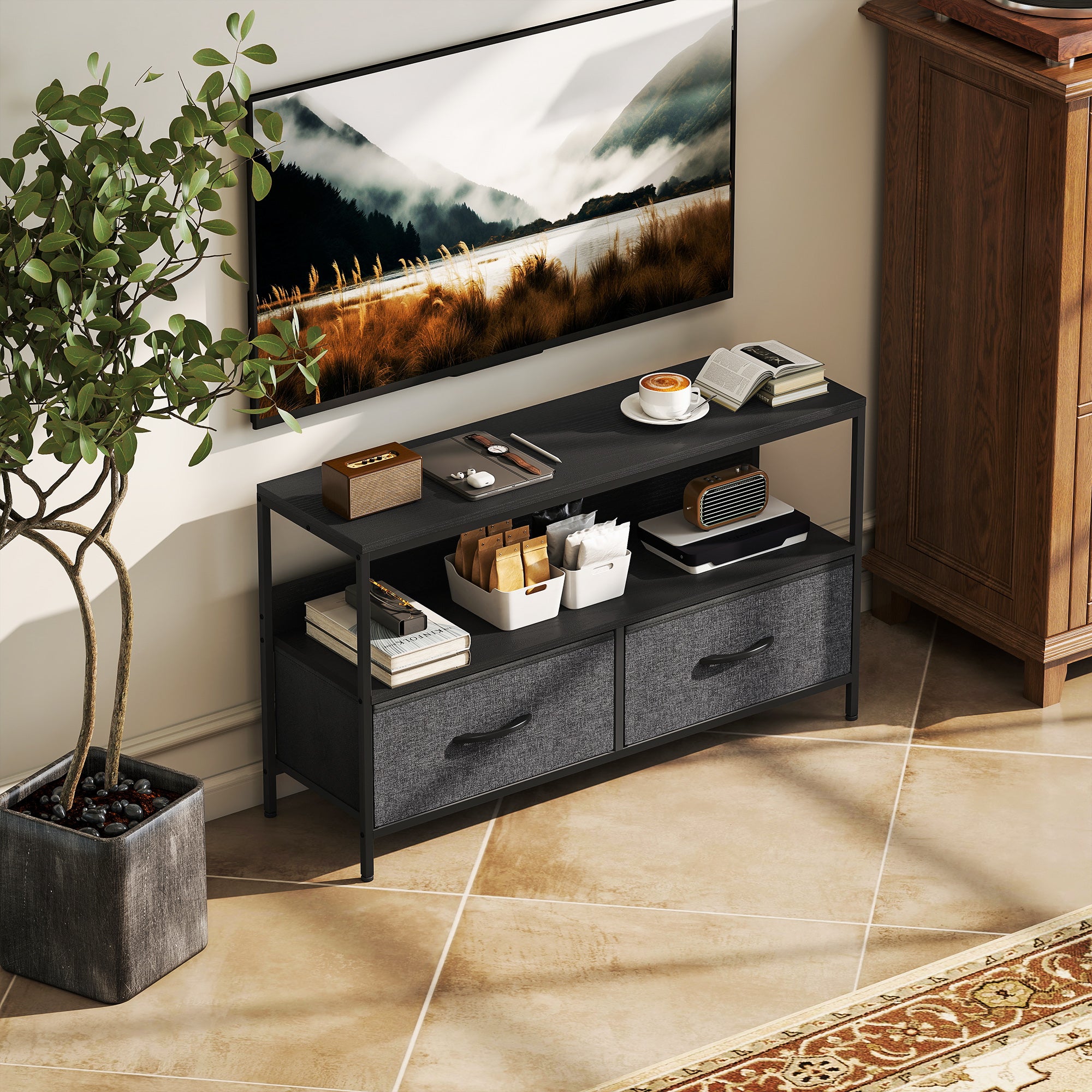 TV Stand with Charging Station, TV Table with 2 Foldable Linen Drawers and Open Shelf for 47 Inch Television, Black