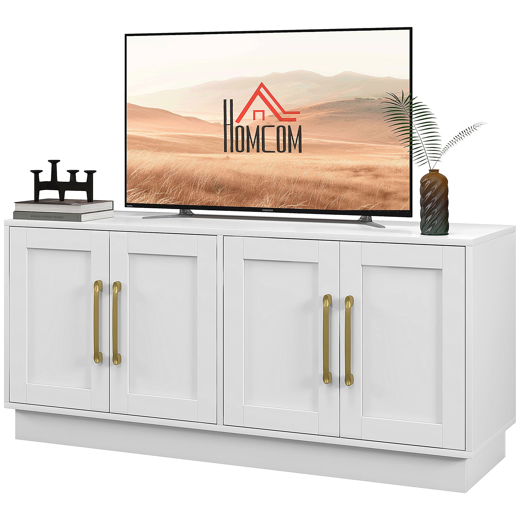 Modern TV Stand for up to 55" TV, TV Cabinet with 4 Soft Hinged Doors, 4 Cable Holes and 2 Adjustable Shelves, White