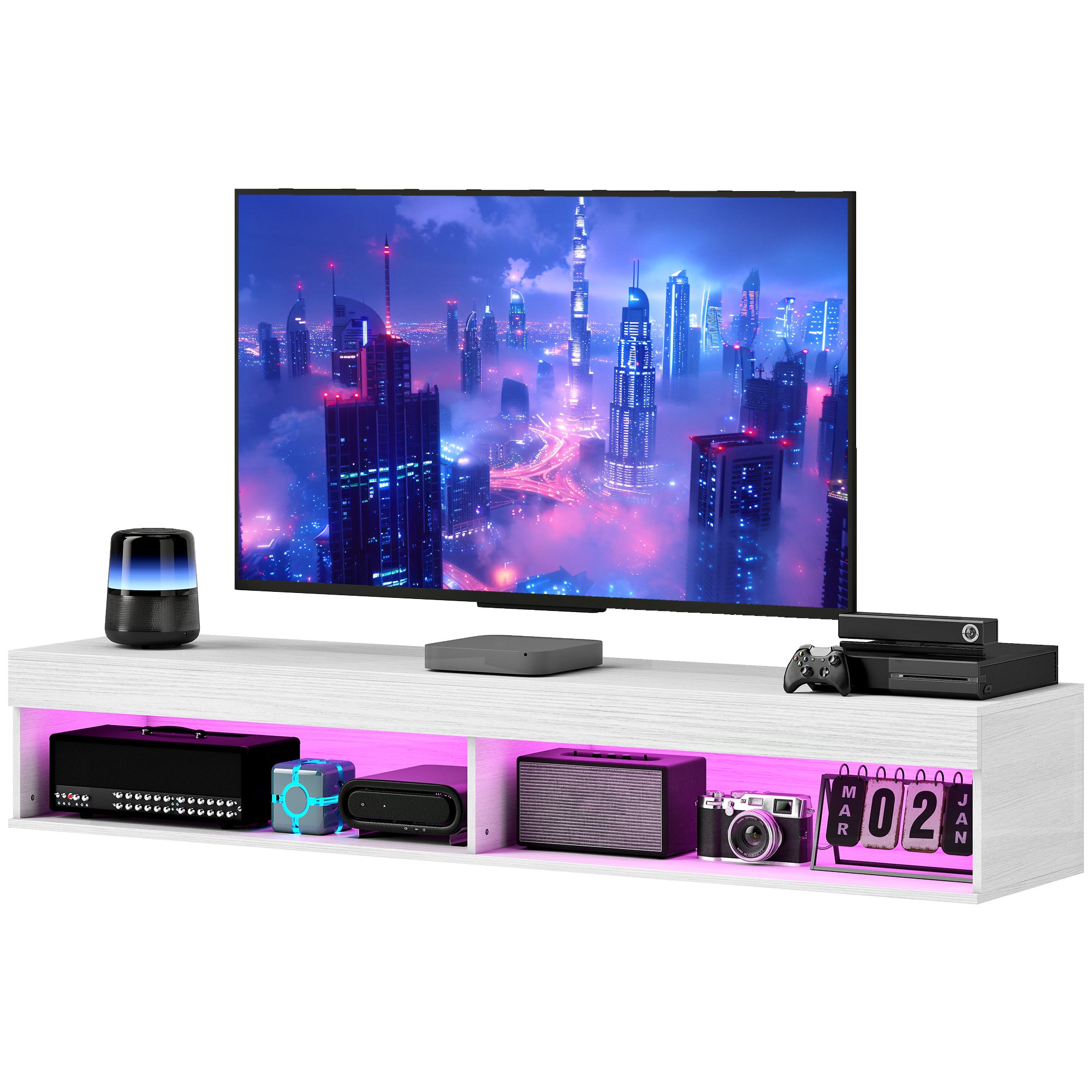 Modern Wall Mounted TV Stand with Storage and LED Lights for TVs up to 75", Floating TV Shelf for Living Room, White