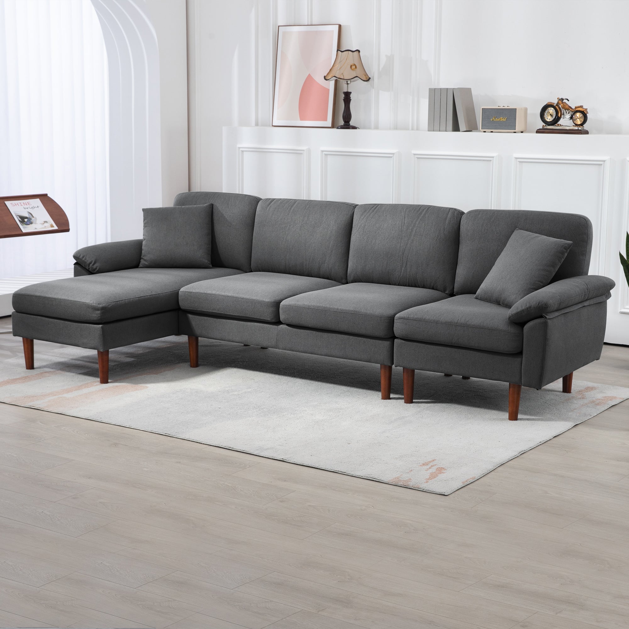 L-Shape Sofa, Modern Sectional Couch with Changeable Chaise Lounge, Pillows and Wooden Legs for Living Room, Dark Grey