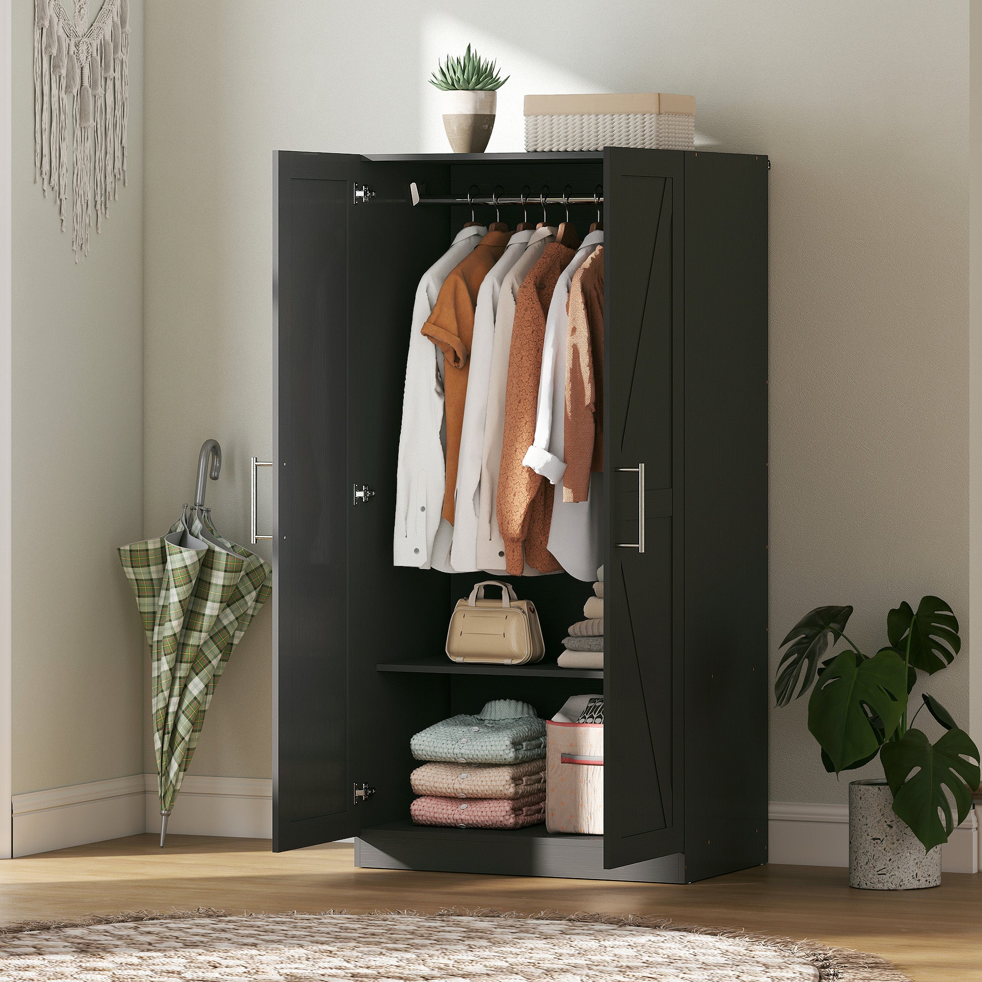 Wardrobe Cabinet with 2 Barn Doors and Hanging Rod, Farmhouse Armoire Wardrobe Closet for Bedroom, Black Wood Effect