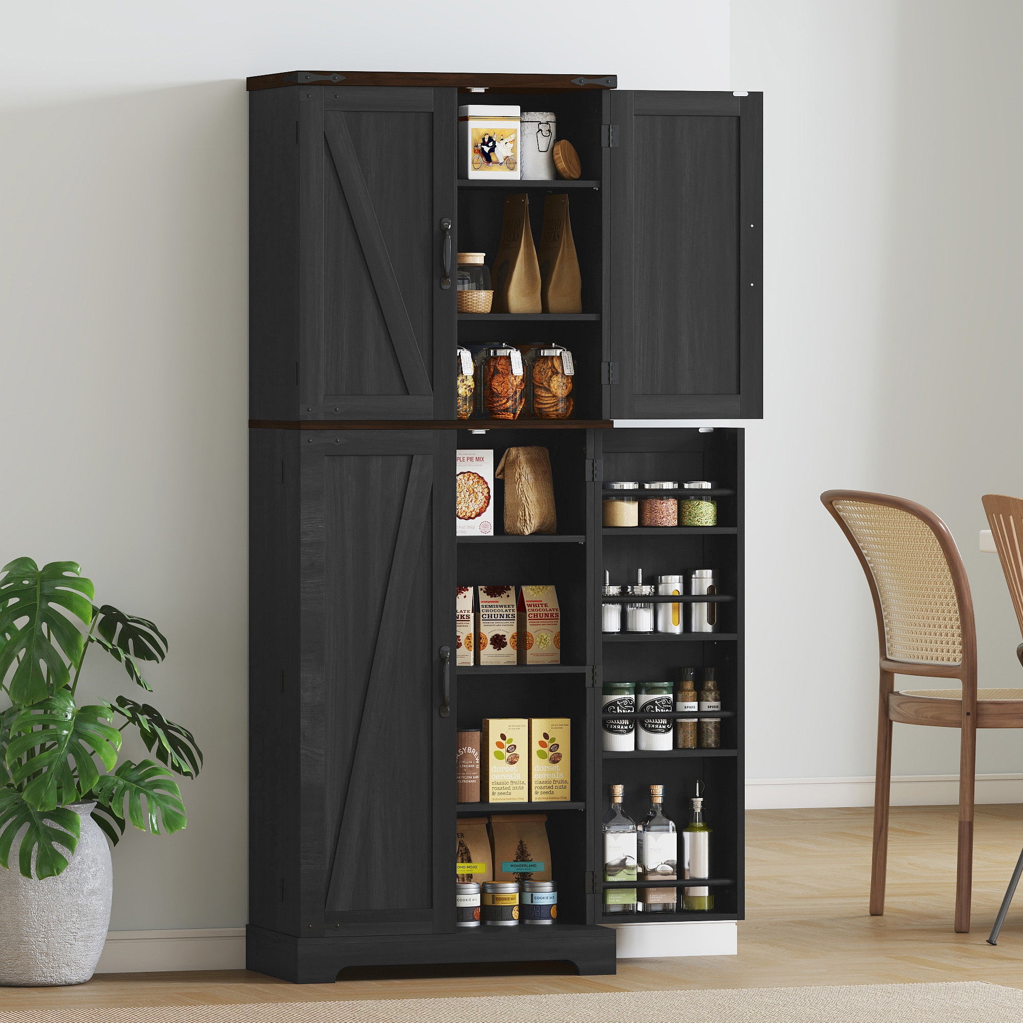 64" Tall Kitchen Pantry Cabinet with Spice Racks and Adjustable Shelves, Black Wood Grain